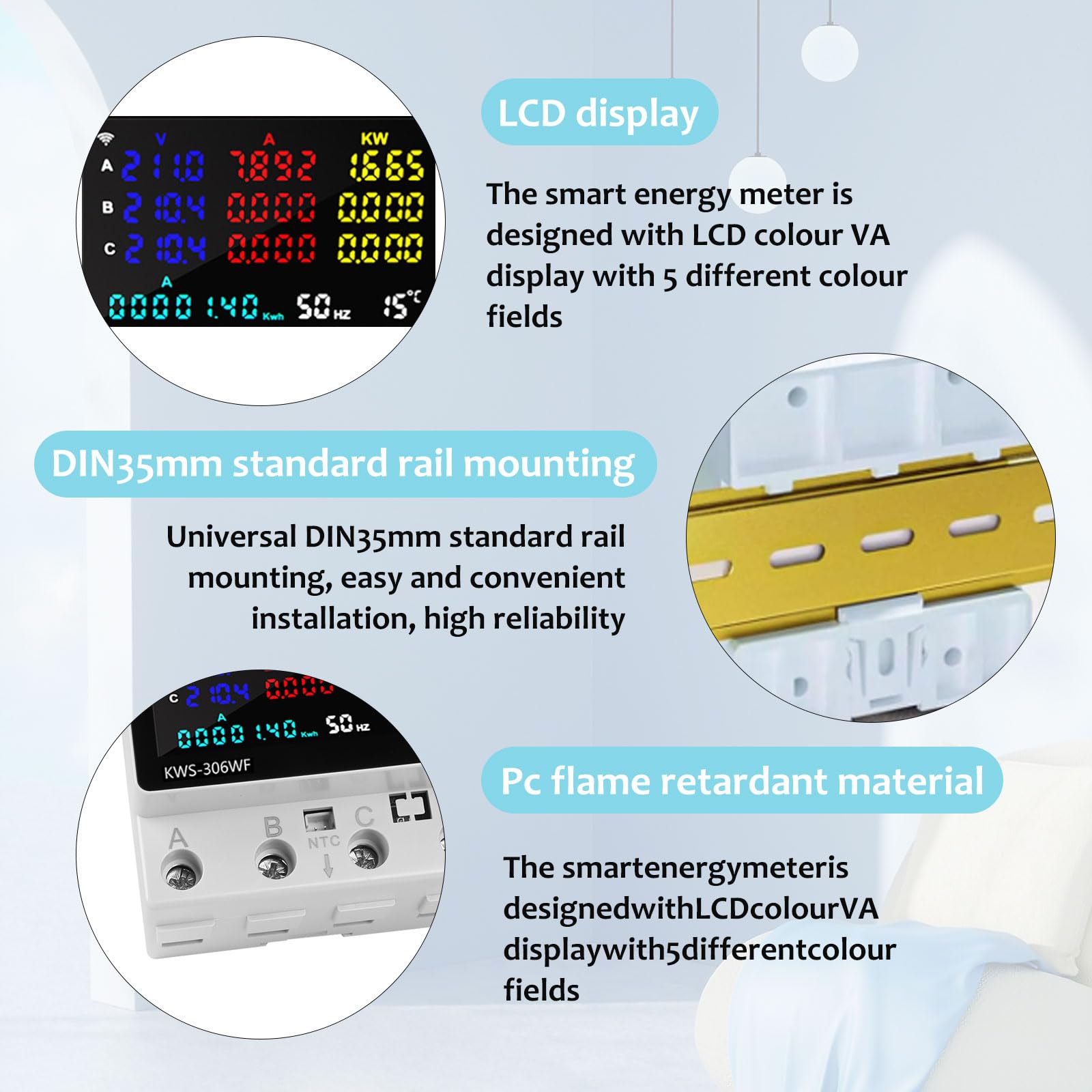 Licznik prądu 3-fazowy, inteligentny licznik prądu z WiFi, inteligentny licznik prądu cyfrowy z WiFi, 80A 220V AC, inteligentny licznik ochrony przed awarią prądu, przegrzaniem, spadkiem napięcia