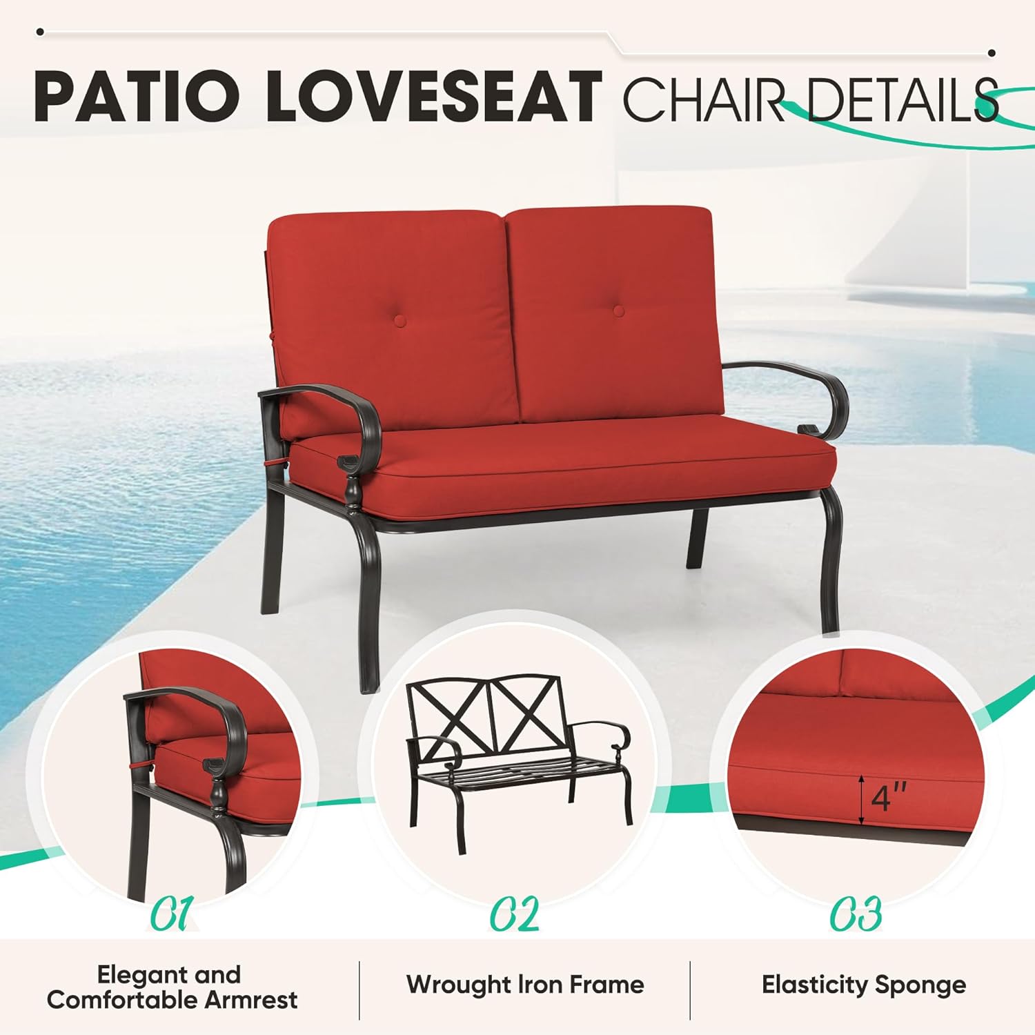 Incbruce Patio Loveseat with Coffee Table - Outdoor Bench with Cushion,2 Piece Wrought Iron Outdoor Loveseat Metal Frame Porch Furniture Set Bench for Patio, Poolside, Garden (Red)