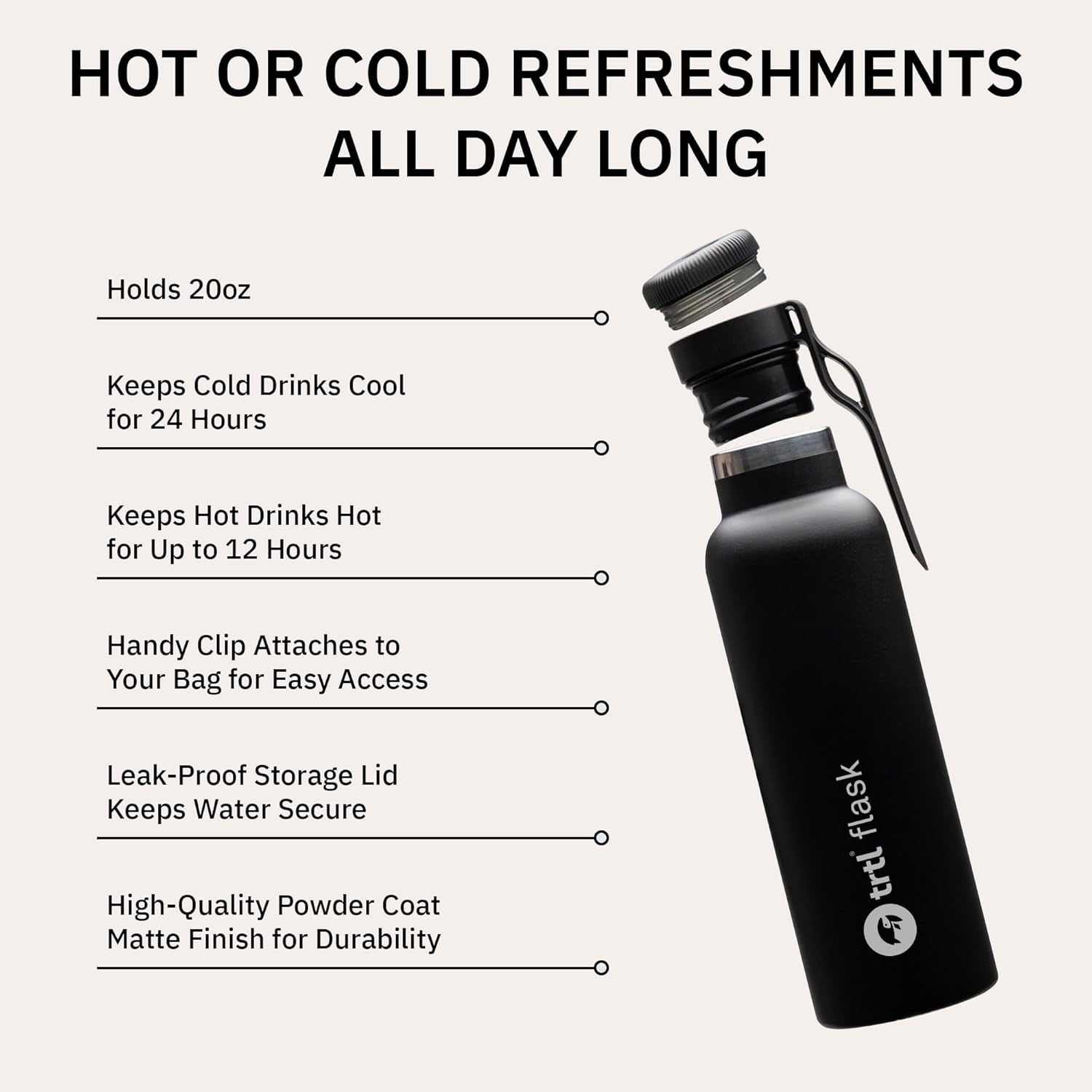 trtl Travel Water Bottle Flask- Insulated Water Bottle That Keeps Drinks Cool for Up to 24 Hours - Secure, Leak-Proof Lid