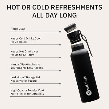 trtl Travel Water Bottle Flask- Insulated Water Bottle That Keeps Drinks Cool for Up to 24 Hours - Secure, Leak-Proof Lid