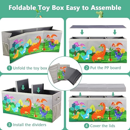 Miniatura 8 de Caja de juguetes extragrande con tapas, organizador plegable de almacenamiento de juguetes para niños, caja de juguetes de dinosaurio para niños