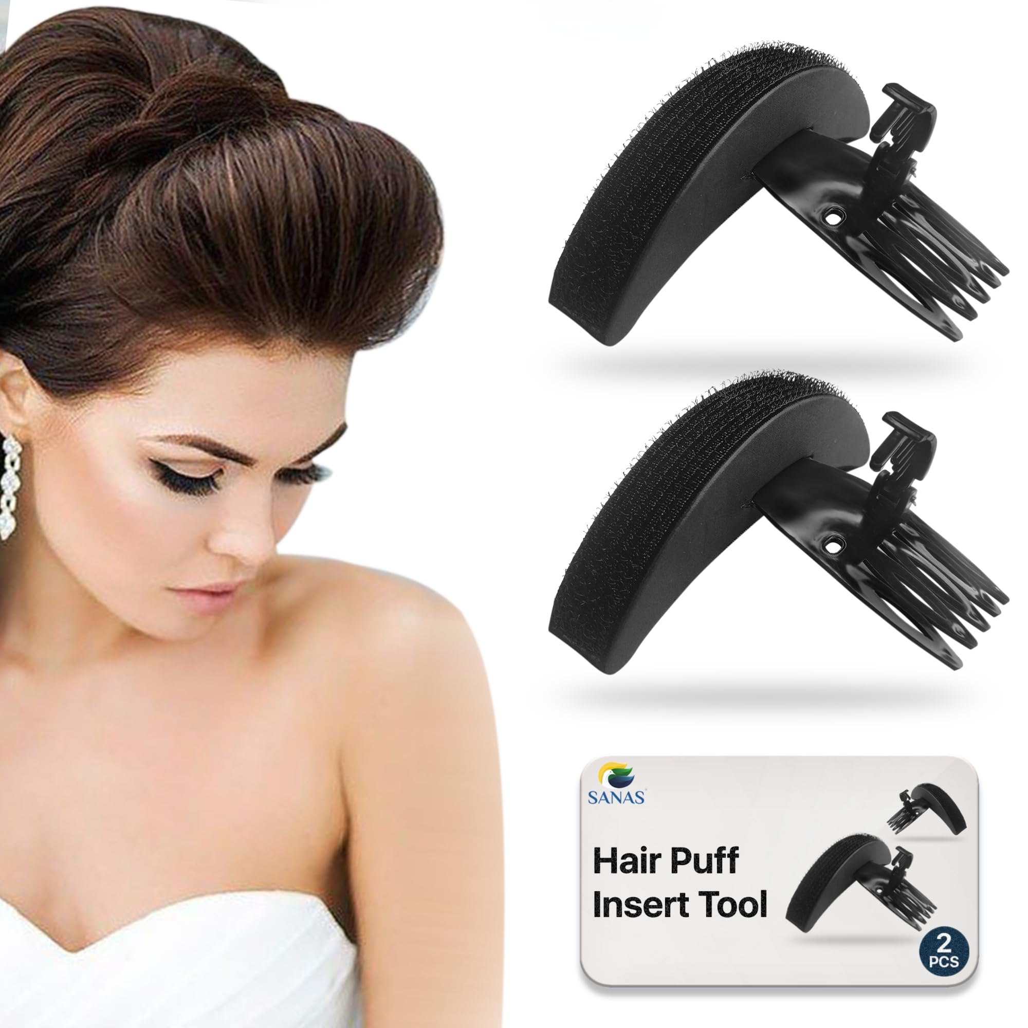Sanas 2pc Black Hair Puff Clips for Women, Instant Volume Boost, Versatile Hair Styling, Secure & Comfortable Grip, Travel-Friendly