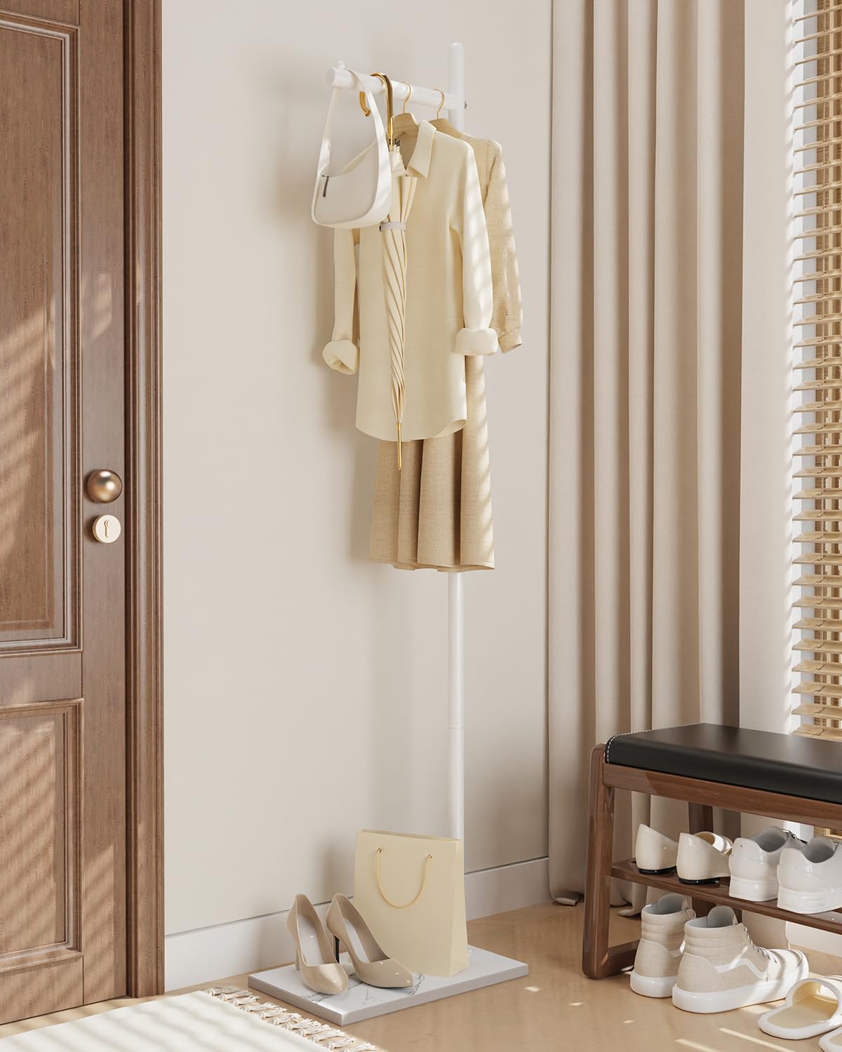 Yawinhe Garderobenständer,Freistehender Kleiderständer, Jackenständer,Metall Kleiderbüge mit Rock Slab Base, Für den Einsatz im Wohnzimmer, Schlafzimmer 39×26×174cm,Weiß