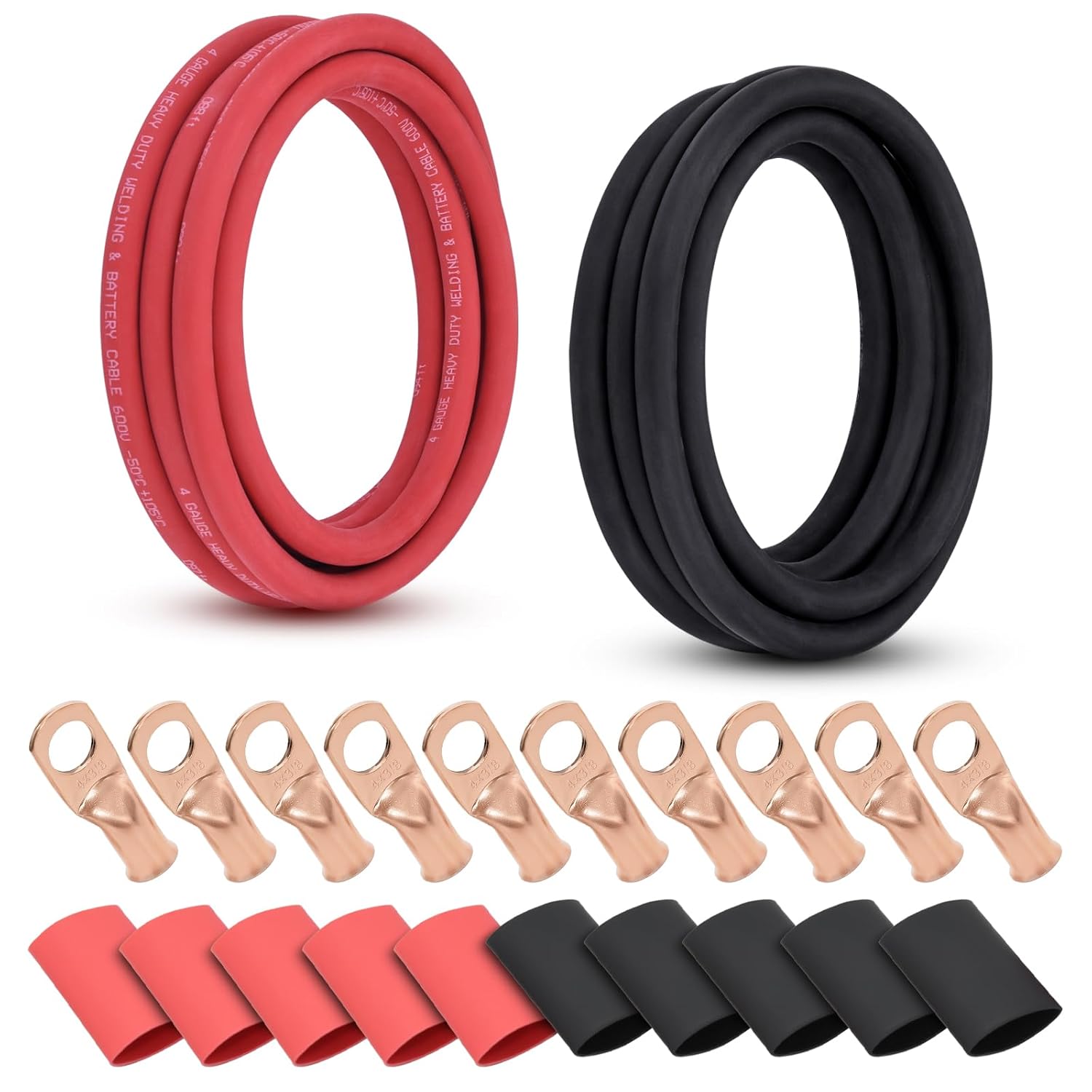 4 AWG Welding Cable Kit with Ring Terminals & Heat Shrink Tubing - 20ft Total (10ft Red +10ft Black) OFC Copper +10x 3/8" Terminals +5 Red/5 Black Tubing - American Standard