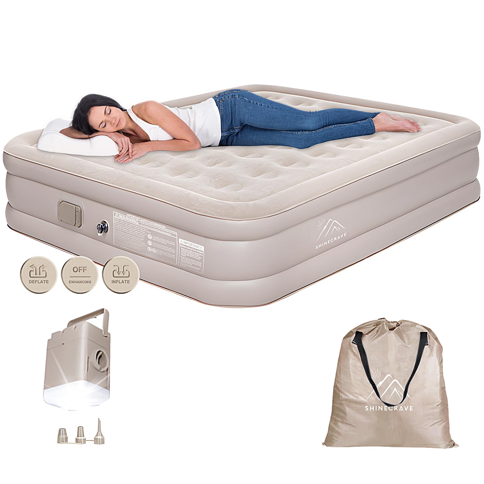 Air Mattress Queen with Built in Pump and Light,Queen Air Mattress with Built in Pump,15.8" Height,Self Inflating with Flocking Fabric, Ideal for Camping, Guests, and Hiking