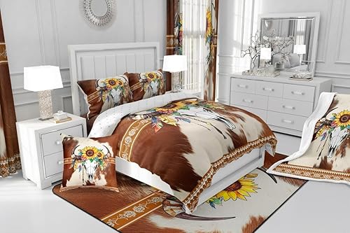 Miniatura 4 de Erosebridal Juego de ropa de cama occidental de piel de vaca marrón, tamaño Queen, funda de edredón de calavera de azúcar, funda de edredón de