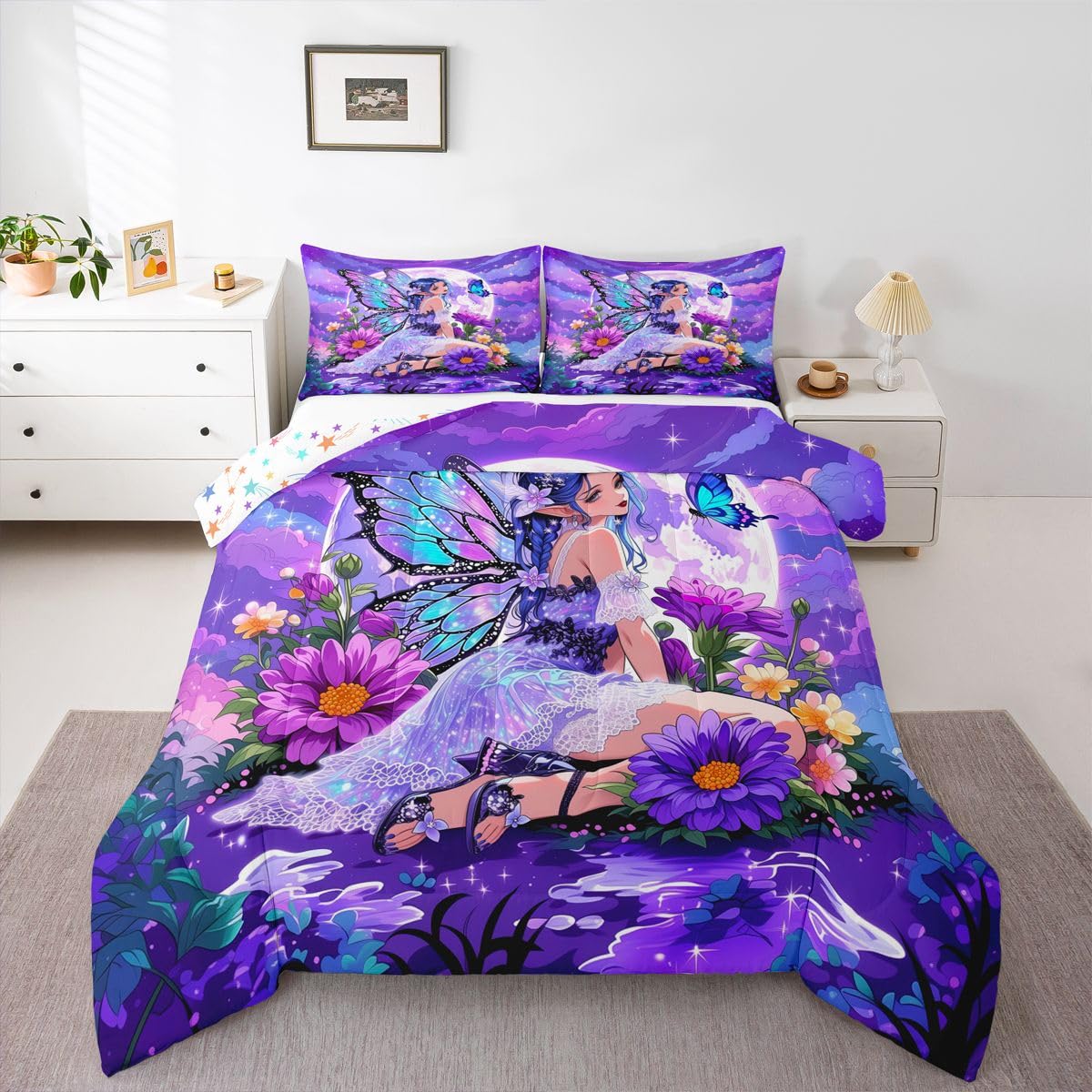 Erosebridal Fairy Girl Bedding Sets Full - Flower Fairytale Comforter Set for Kids Adults Blue Butterfly Floral Decor Duvet Insert Purple Galaxy Moon Quilt