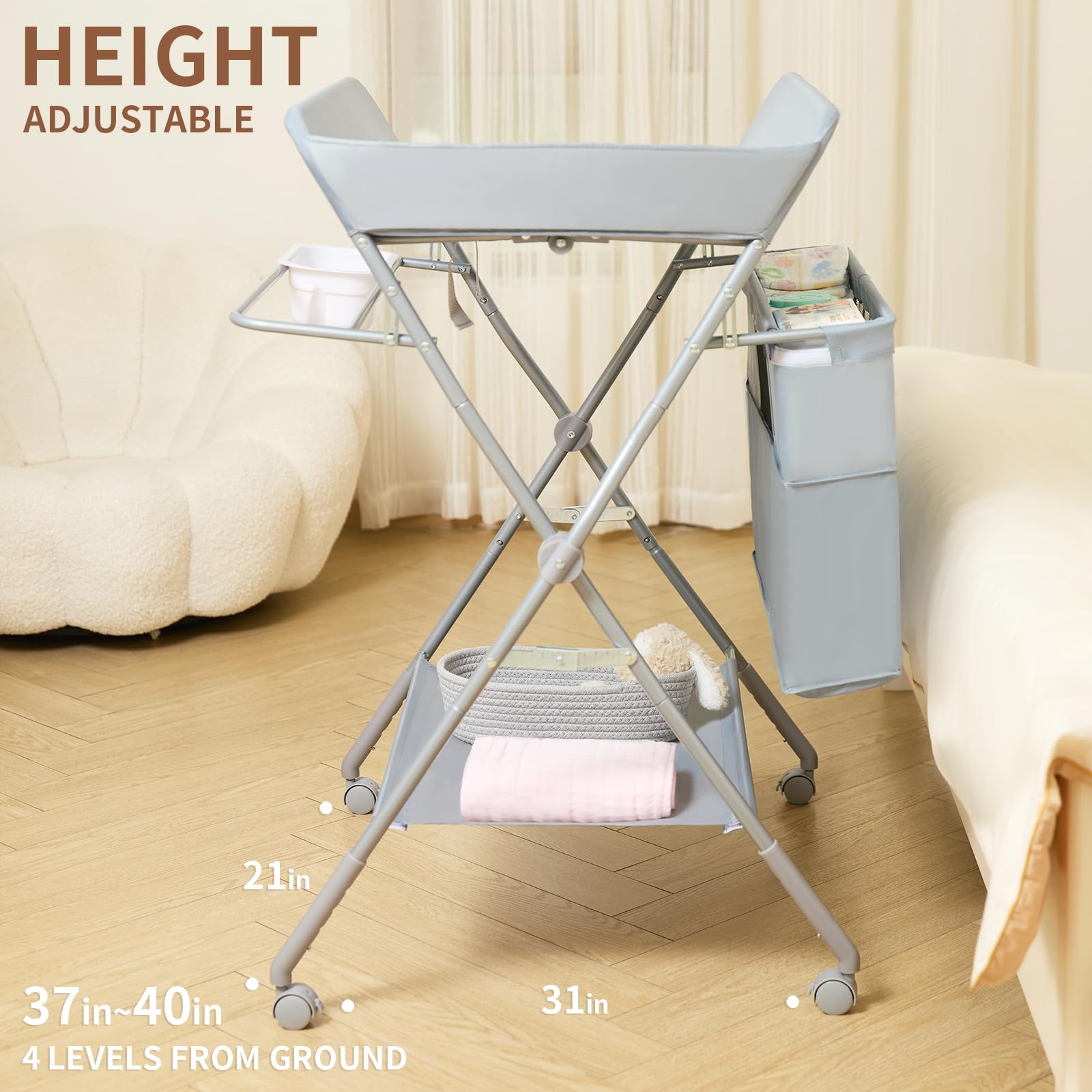 KARAOK Cambiador plegable para bebé con ruedas, estación portátil para cambiar pañales con bolsa de almacenamiento grande y altura ajustable de 4 niveles para recién nacidos, bebés