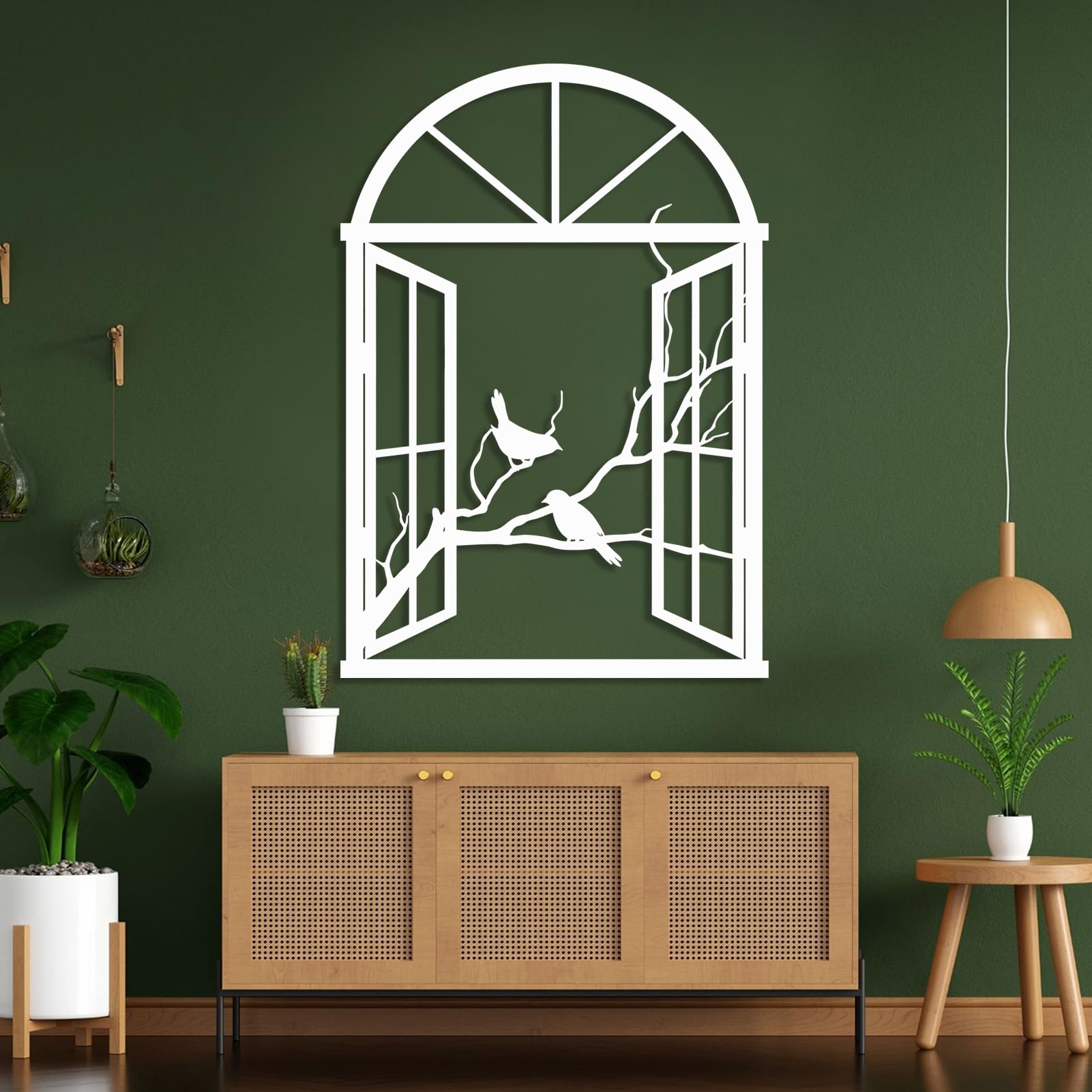 Decorazione murale in Metallo con Uccelli Neri su Ramo, Arco Decorativo Rustico in Metallo per Finestra, Scultura Moderna con Uccelli per Soggiorno, Camera da Letto, corridoio (Bianco 89 cm