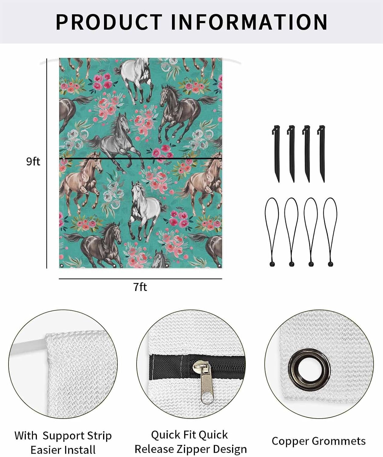 Horses RV Awning Sun Shade Screen 9' x 7' Watercolor Black Brown White Horse White Pink Floral Green Mesh Shade Screen with Zipper UV Blocker Awning Shade Completed Kits for Motorhome Camper Trailer