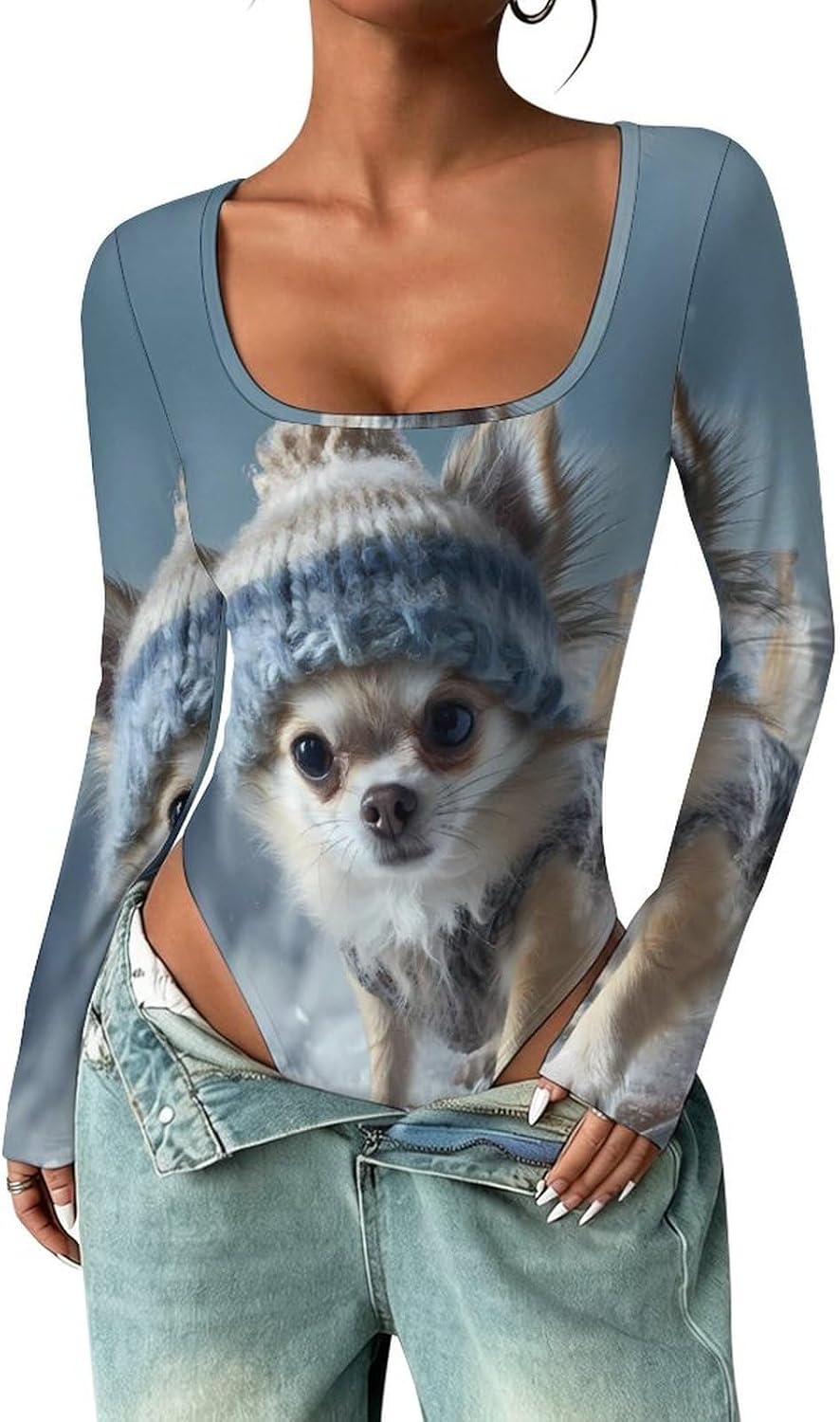 Chihuahua Ski Skiing Women's Bodysuits Long Sleeve Top 5XL
