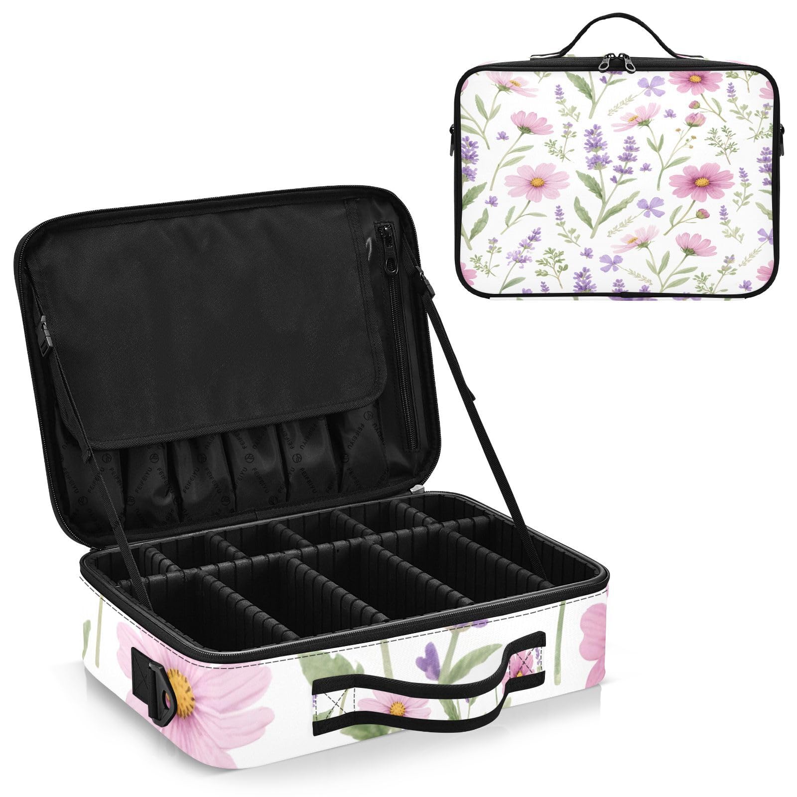 zyrtty Travel Makeup Train Case Lavender Pattern Pink Wild Flower Cosmetic Organizer Portable Storage Bag with Adjustable Dividers for Cosmetics Brushes Toiletry Jewelry Digital Accessories