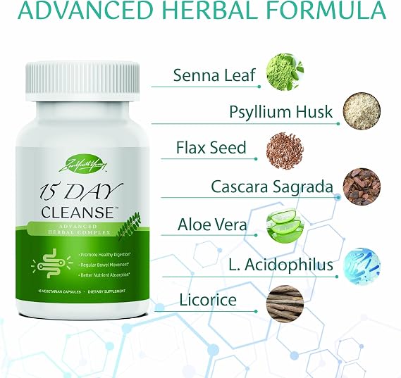 zyy 15 Days Cleans, Advanced Gut and Colon Support, 15 Day Gut Cleanse Detox for Women & Men with Senna, Cascara Sagrada & Psyllium Husk, Non-GMO, 15 Vegetarian Capsules