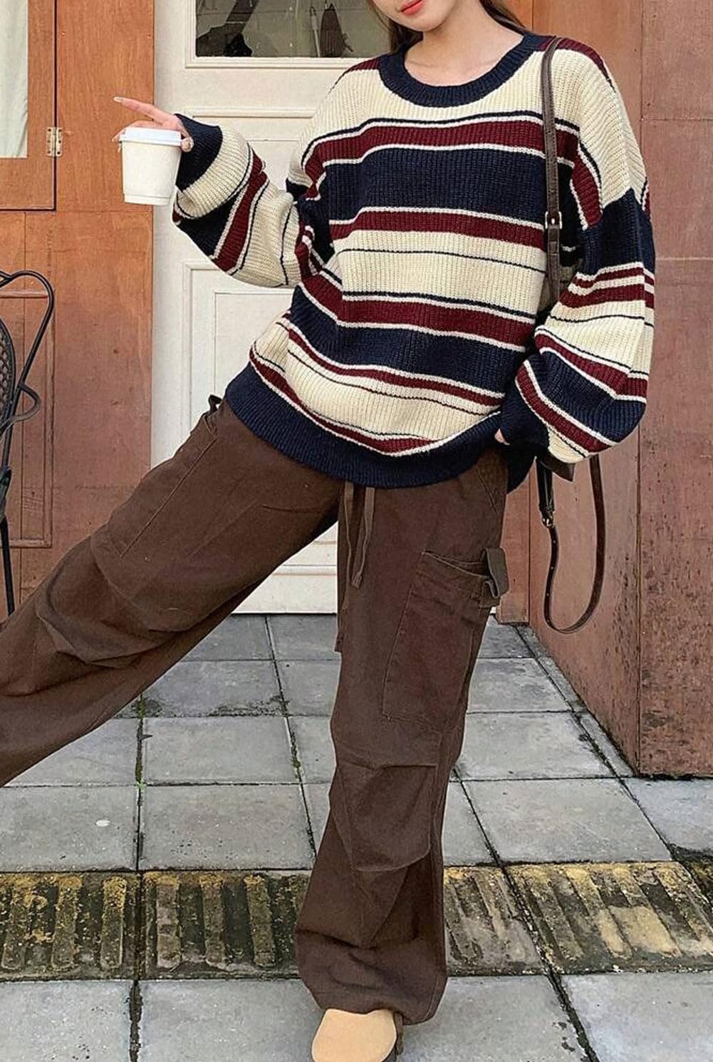 CHARTOU Women Color Block Sweater Preppy Style Chunky Knit Striped Pullover Sweater