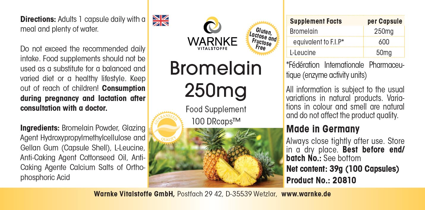 Bromelina 250mg – 600 F.I.P. – Enzima natural de la piña – Vegana – 100 cápsulas | Warnke Vitalstoffe - Calidad de farmacia alemana