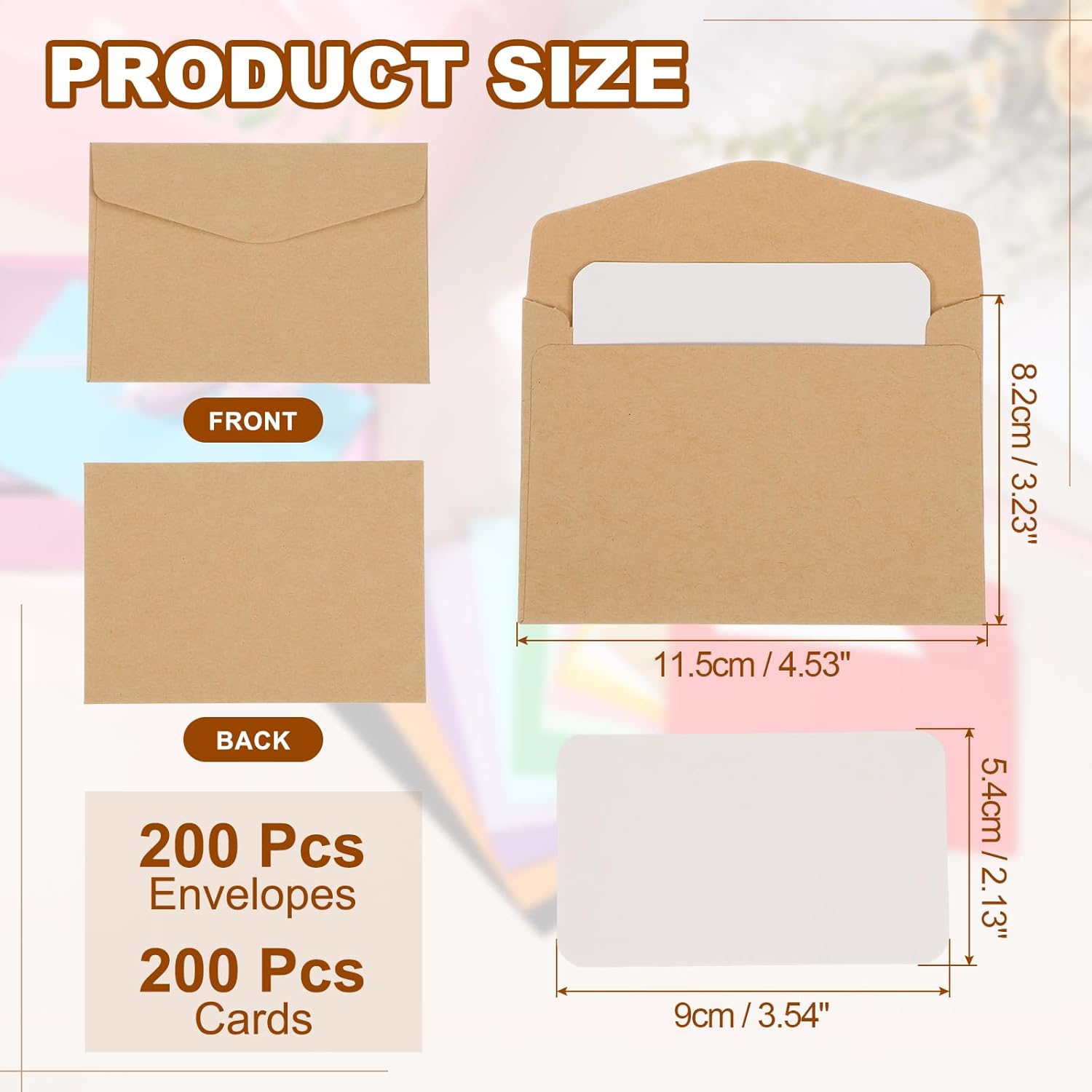 PATIKIL 200 Set Mini Envelopes with Blank Cards, 4.5x3.2" Blank Note Cards and Envelopes for Gift Wedding Invitation Graduation Holiday Thanksgiving Day Christmas, Cowhide