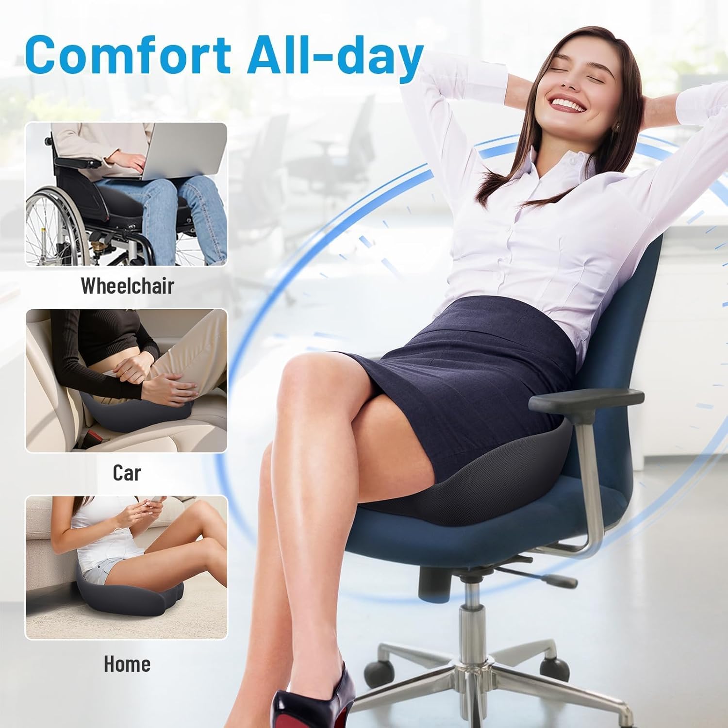 Seat Cushion, Memory Foam Office Chair Cushions, Ergonomic Curved Design for Sciatica, Tailbone, Coccyx, Seat Support for Car, Desk Chair, Wheelchair, Enhances Long Sitting Comfort (Grey) - Image 5