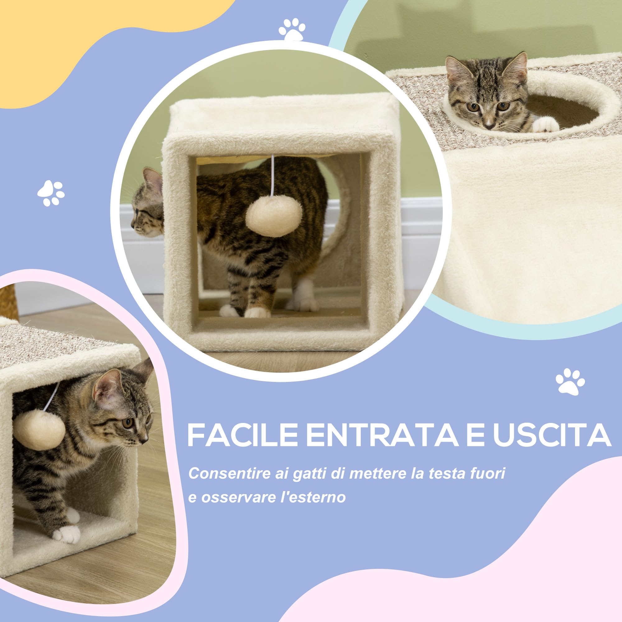 PawHut Tunnel per Gatti Pieghevole con Casette e Tiragraffi, Tunnel Gioco per Gatti, Cuccioli e Animali Domestici, Giocattoli con Pallina in Peluche e Sisal, Interno e Esterno, Crema