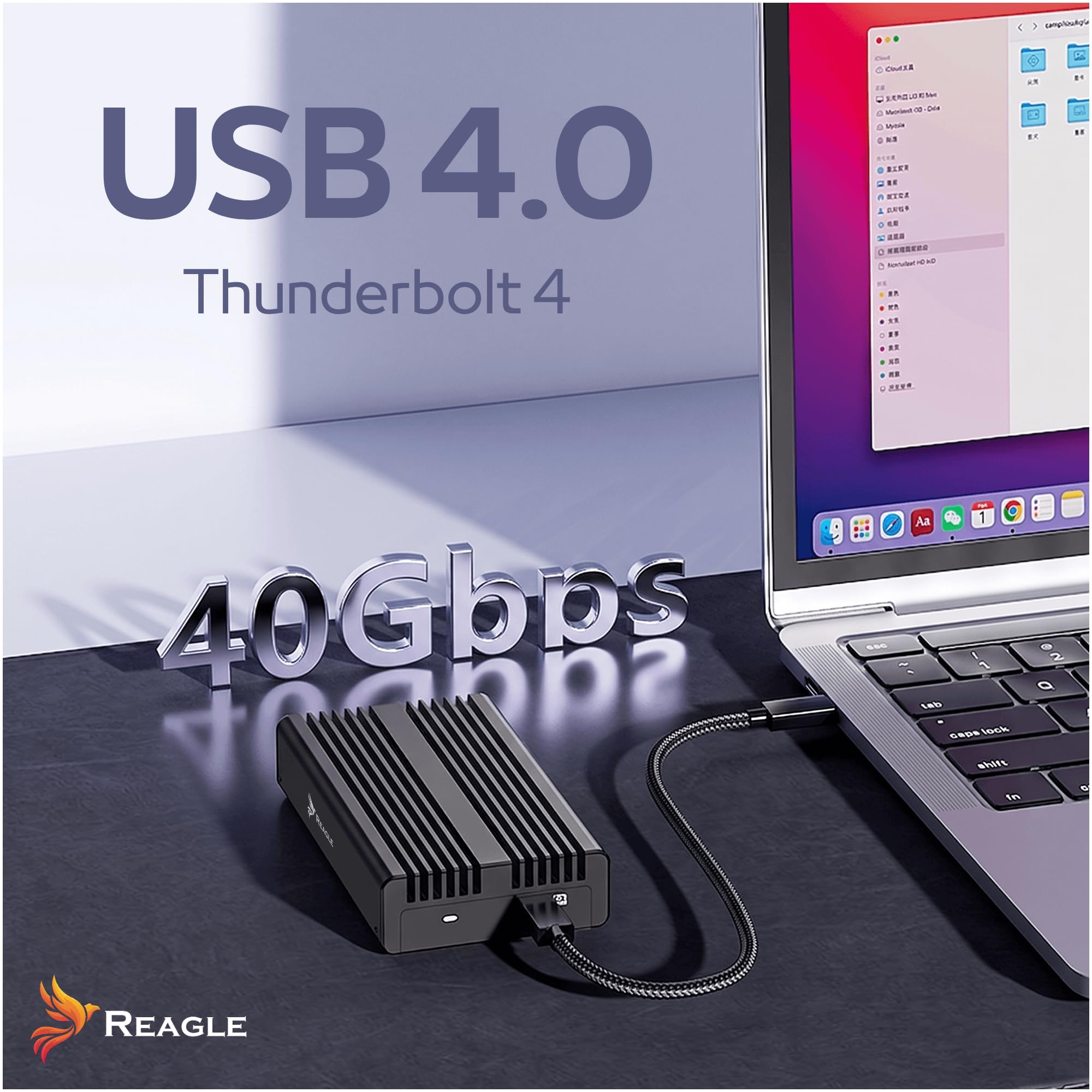 Reagle USB4 M.2 NVMe SSD Gehäuse 40 Gbit/s, kompatibel mit Thunderbolt 4/3, für PCIe M-Key/B+M-Key 2230–2280 bis 8 TB, ASM2464PD, Aluminium, USB-C, Schwarz