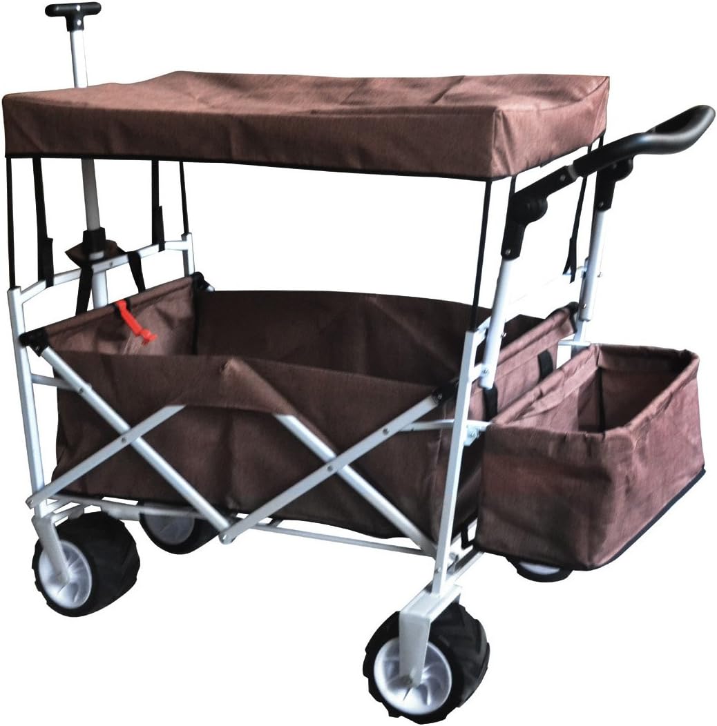 BROWN FREE ICE COOLER PUSH AND PULL HANDLE FOLDING BABY STROLLER WAGON OUTDOOR SPORT COLLAPSIBLE KIDS TROLLEY W/ CANOPY GARDEN UTILITY SHOPPING TRAVEL BEACH CART - EASY SETUP NO TOOL NECESSARY