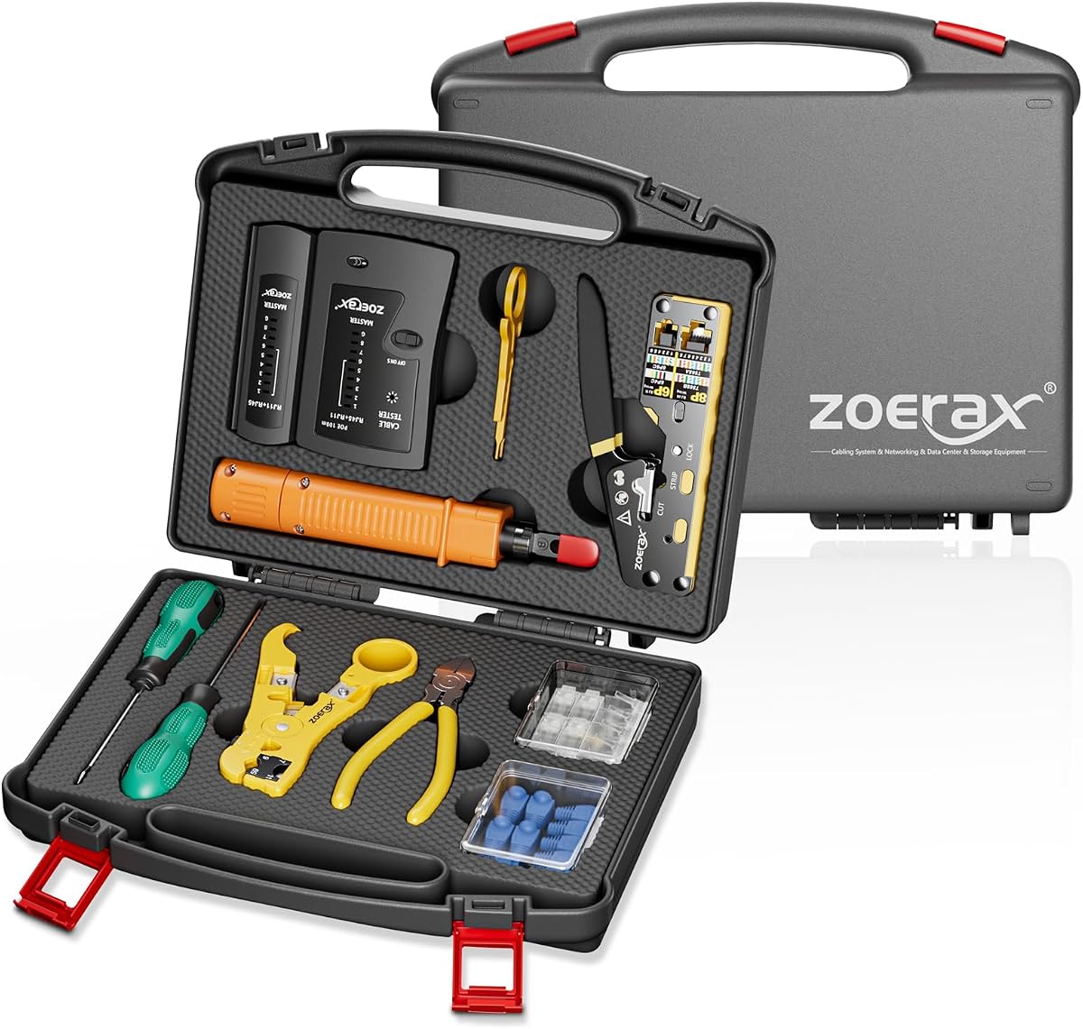 Kit de herramientas de red, kit de herramientas de engarzado RJ45 profesional ZOERAX 11 en 1: engarzador de paso, probador RJ45, herramienta de perforación 110/88, pelacables, cortador, conectores y botas de paso Cat6 | Engarzadora pasante, Probador RJ45, Herramienta perforadora 110/88, Pelacables, Cortador, Conectores pasantes Cat6 y fundas