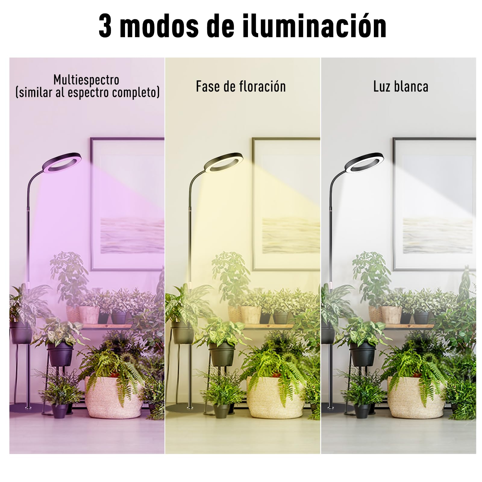 Lámpara para Plantas LED, Espectro Completo 380-800nm con Temporizador 6/12/16H, 3 Modos Luz & 10 Niveles Brillo, Altura Ajustable 57-170cm, Grow Light para Plantas de Interior, Incluye Temporizador