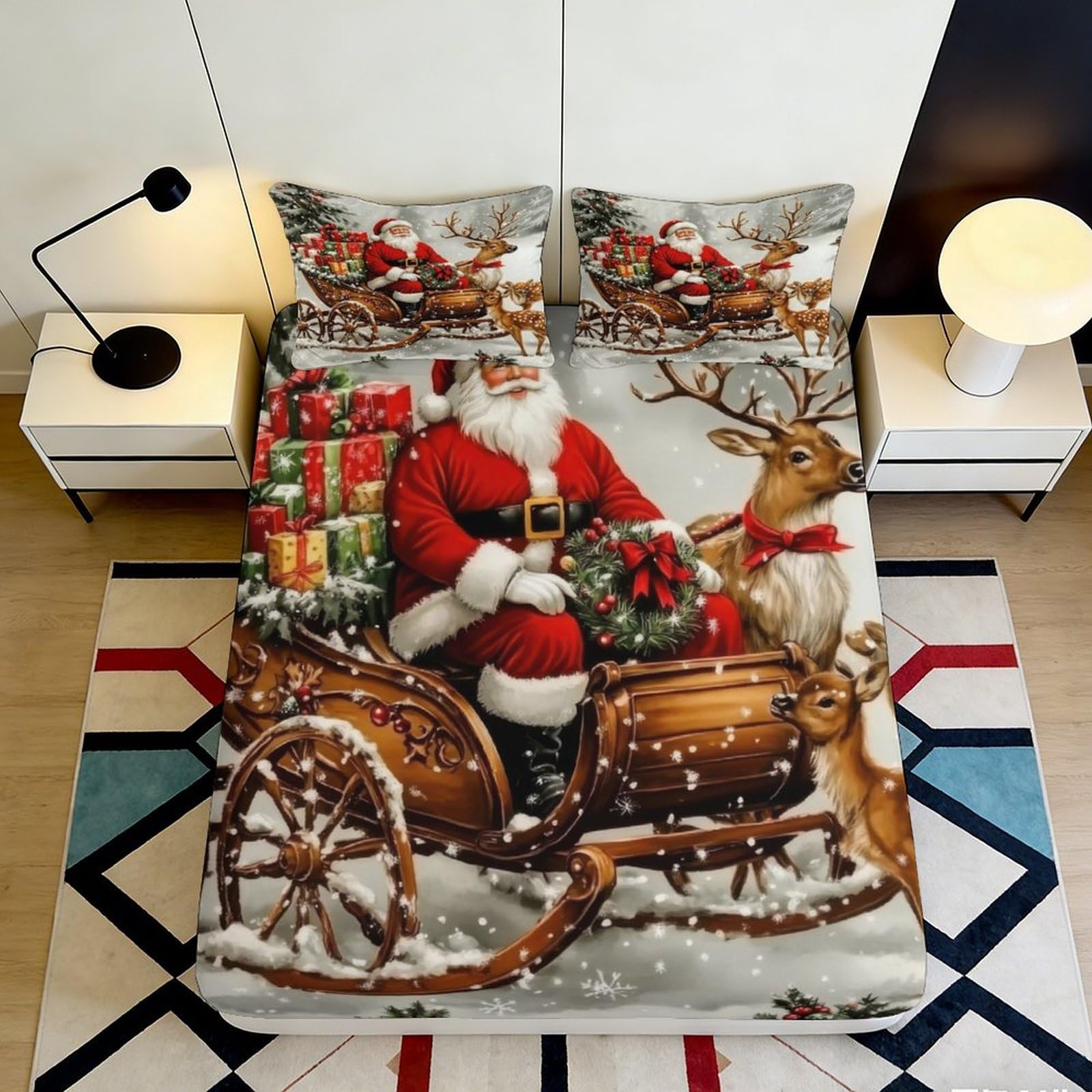 Jqzkxnhpbr Style-2 3D Printed Christmas Santa Sleigh Fitted Sheet Microfiber Soft Breathable Reindeer Bed Cover For Bedroom Guest Room Decor 90X200x25cm