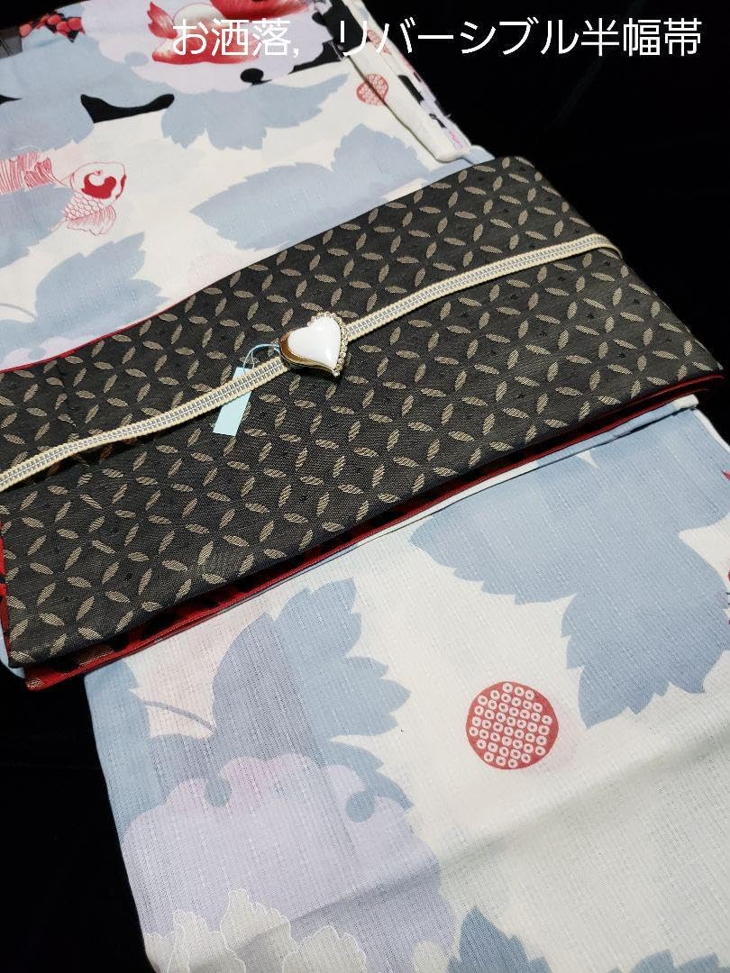 変わり織り金魚 6花模様大人浴衣，半幅帯，特別帯留め付き4点セット