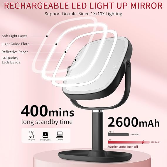Vanmirr Height Adjustable Lighted Makeup Mirror with Magnification-Black