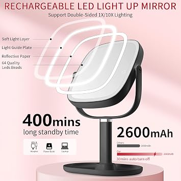 Vanmirr Height Adjustable Lighted Makeup Mirror with Magnification-Black