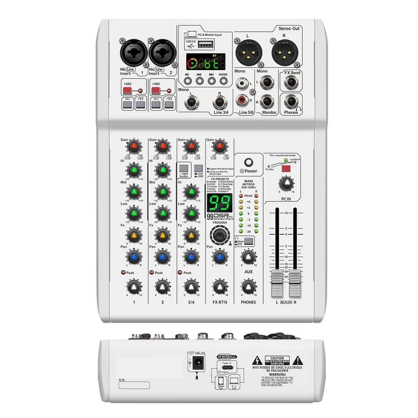 Controller DJ, Mixer, mixer DJ con 5.0 BT, riverbero digitale DSP 99, registrazione USB, qualità da studio 24 bit/192 kHz for studio, live