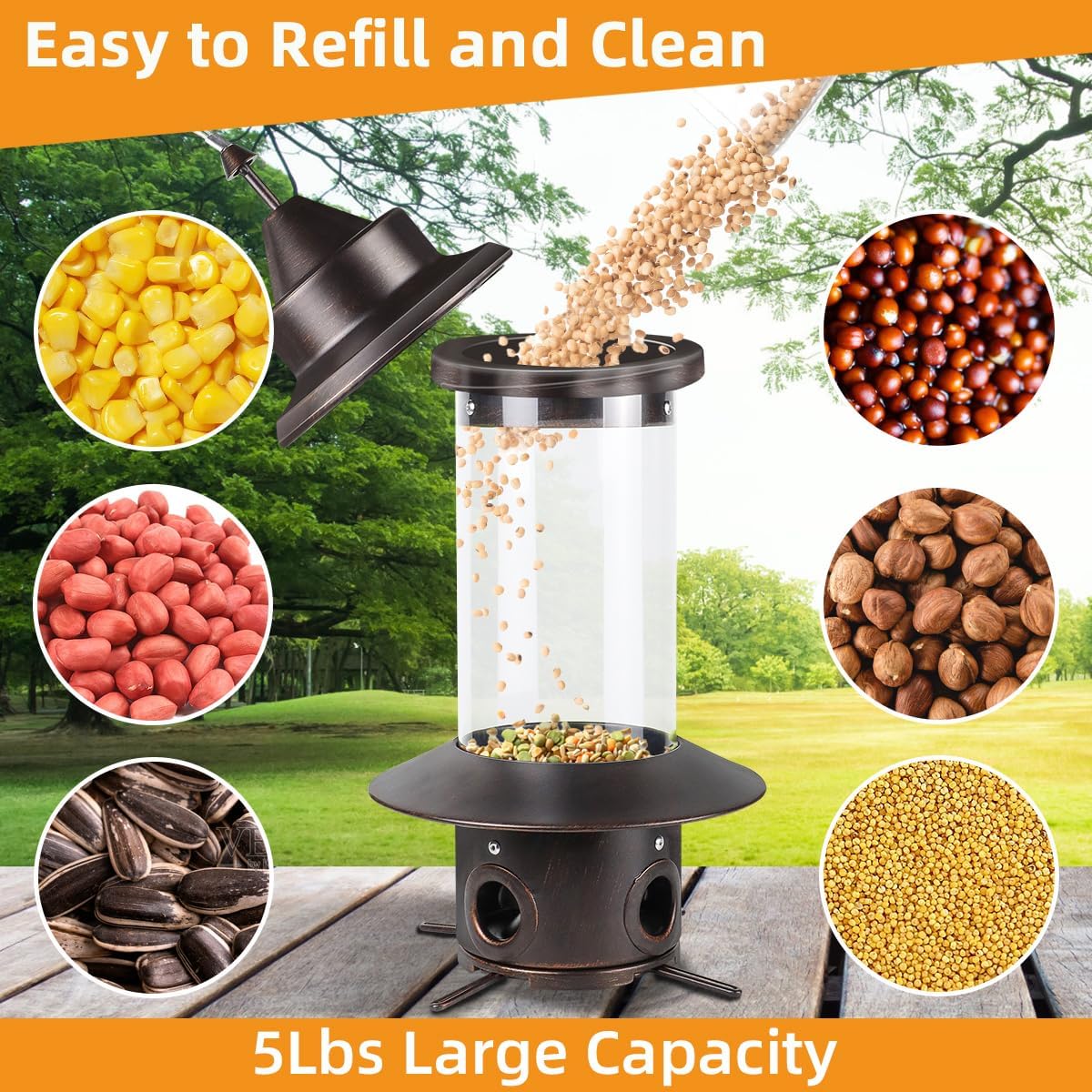 Squirrel Proof Bird Feeders - Gravity Protection Anti Squirrel Wild Metal Bird Feeders for Outdoors Hanging,Premium Hard Plastic Tube Bird Seed Feeder with 4 Feeding Ports for Blue Jay,Sparrow(Bronze)