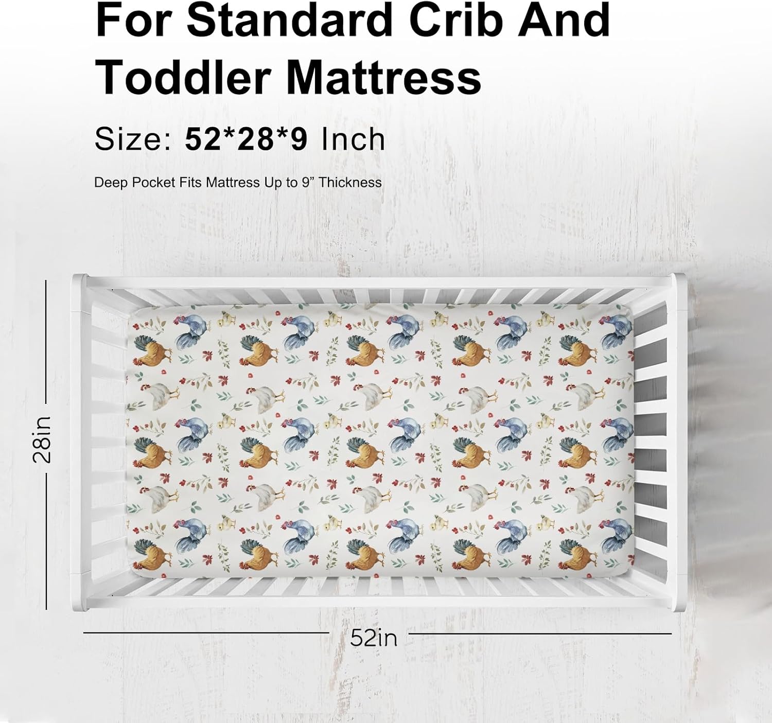 Vintage Chicken Breeds Floral Fitted Baby Crib Sheet for Girl Boy 52"x28" Rooster Hen Flowers Leaves Soft Breathable Crib Mattress Cover Farm Animal Baby Sheets for Standard Crib and Toddler Mattress