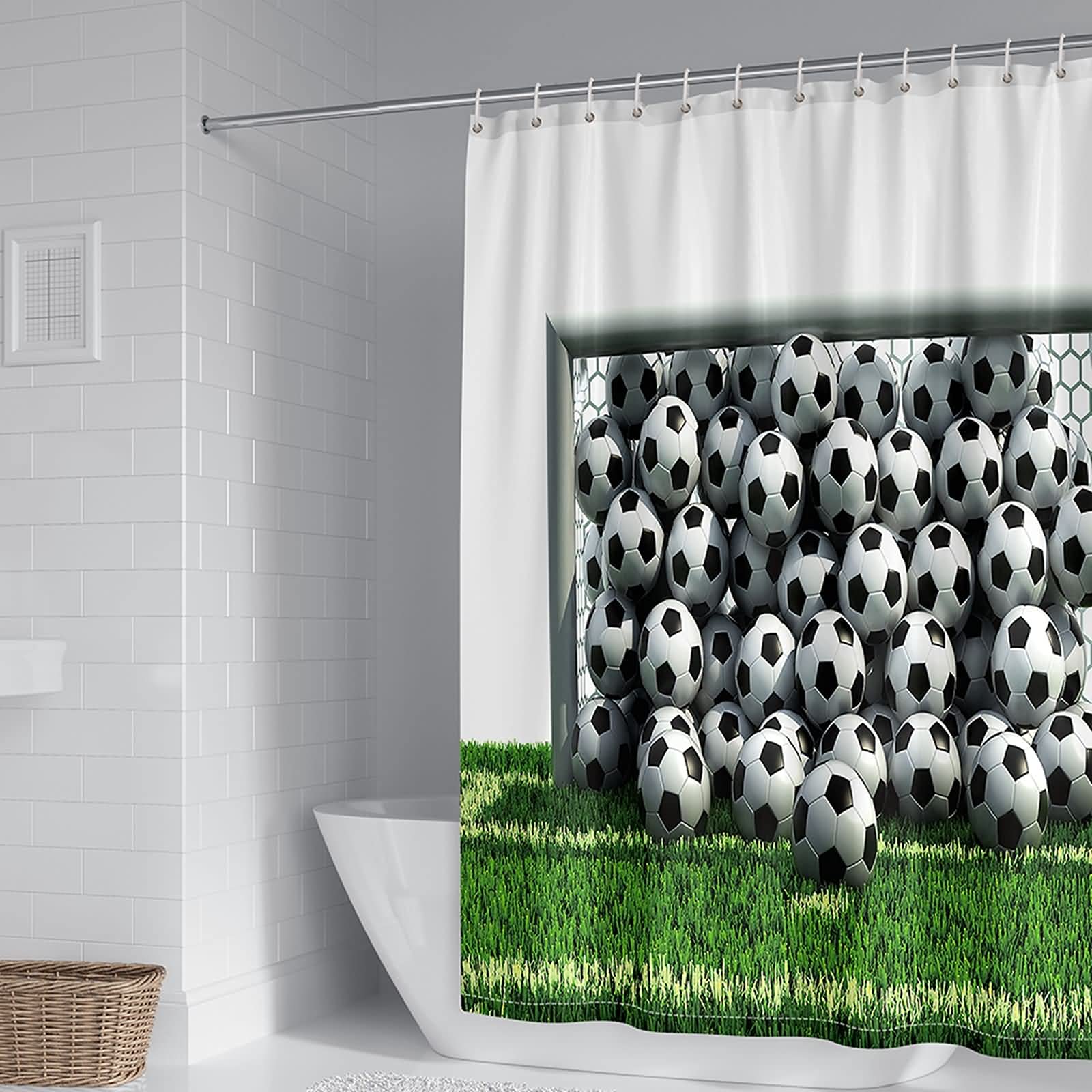 Rideau de douche anti moisissure football vert et blanc en tissu étanche