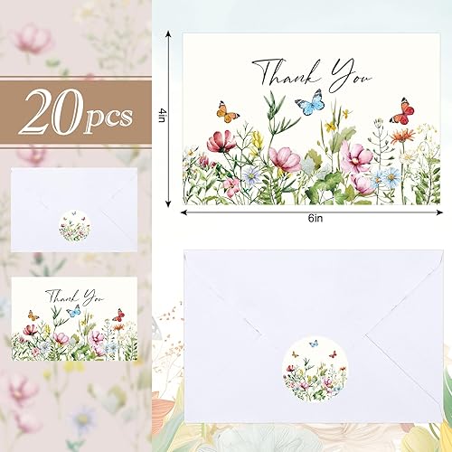 Miniatura 2 de Whaline Paquete de 20 tarjetas de agradecimiento de flores silvestres a granel, tarjetas de felicitación de mariposas con sobres y calcomanías,