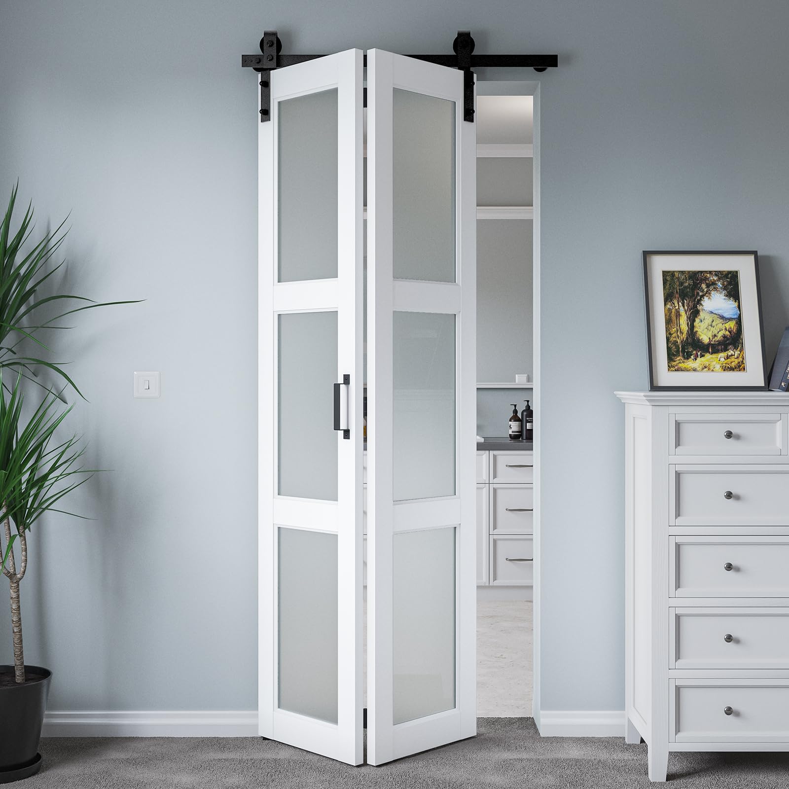 Photo 1 of COSHOMER 36" x 84" Bifold Sliding Barn Door with Hardware Kit Included, Pre-Assembled Glass Barn Doors with Waterproof & Scratch Resistant PVC Surface, White