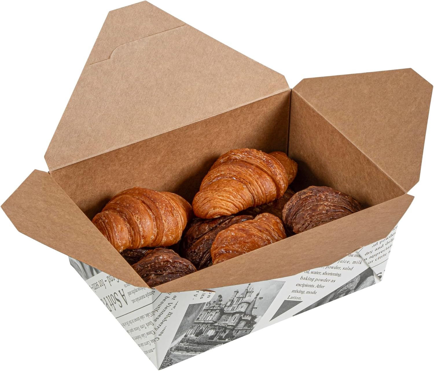 Restaurantware Bio Tek 98 Ounce Take Out Boxes 200 To Go Lunch Boxes - Tab-Lock Closure Heat-Tolerant Newsprint Paper Disposable Lunch Boxes Greaseproof For Hot And Cold Foods