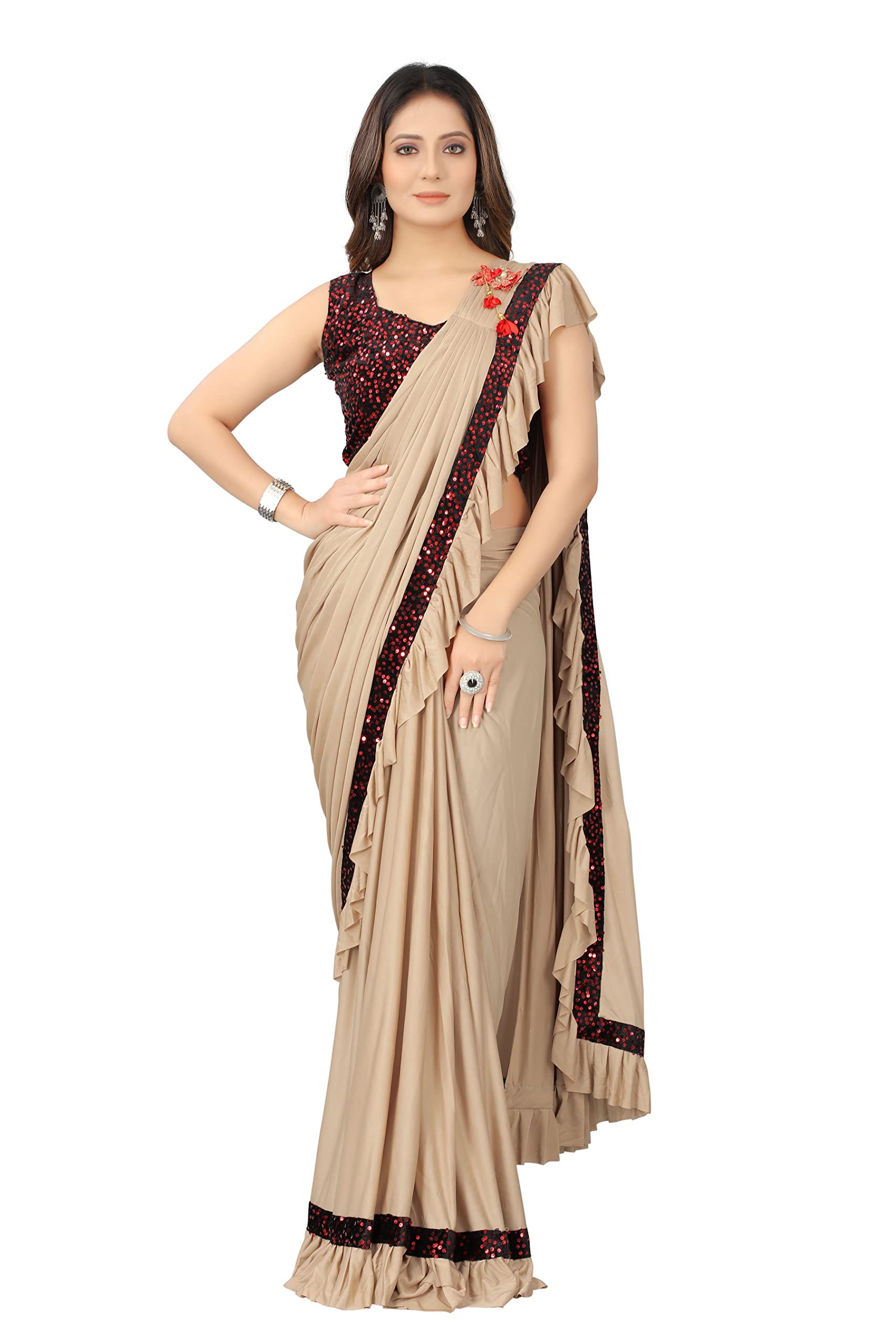TexStile Soft Lycra Solid/Plain Ready Pleated Saree for women with attached Patch