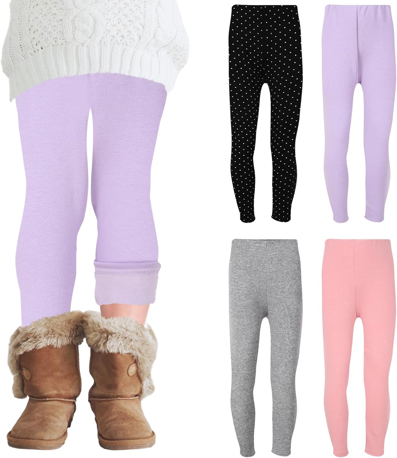 Chuarry 4 Pcs Girl's Winter Fleece Pants Lined Warm Full Length Basic Thick Pants for Kid Toddler