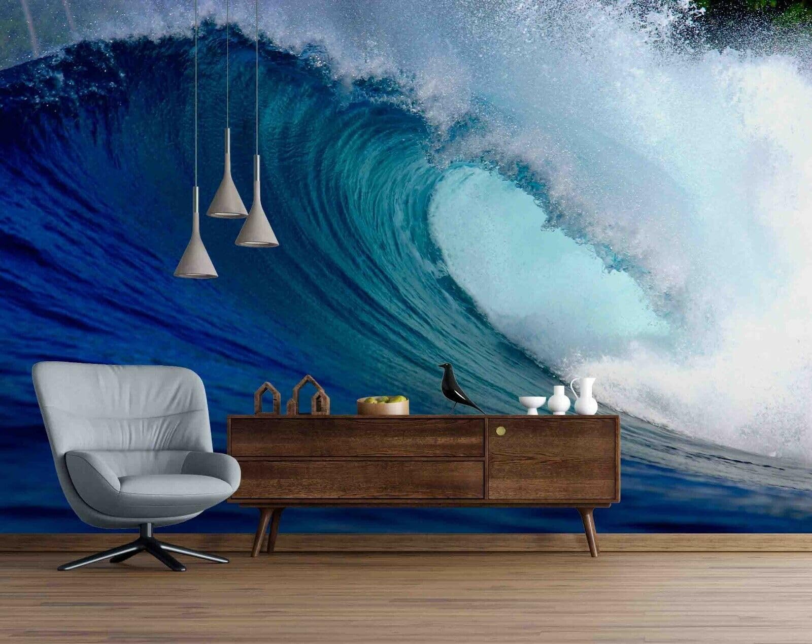 Peinture murale bateau de mer, ciel crépusculaire, grand autocollant