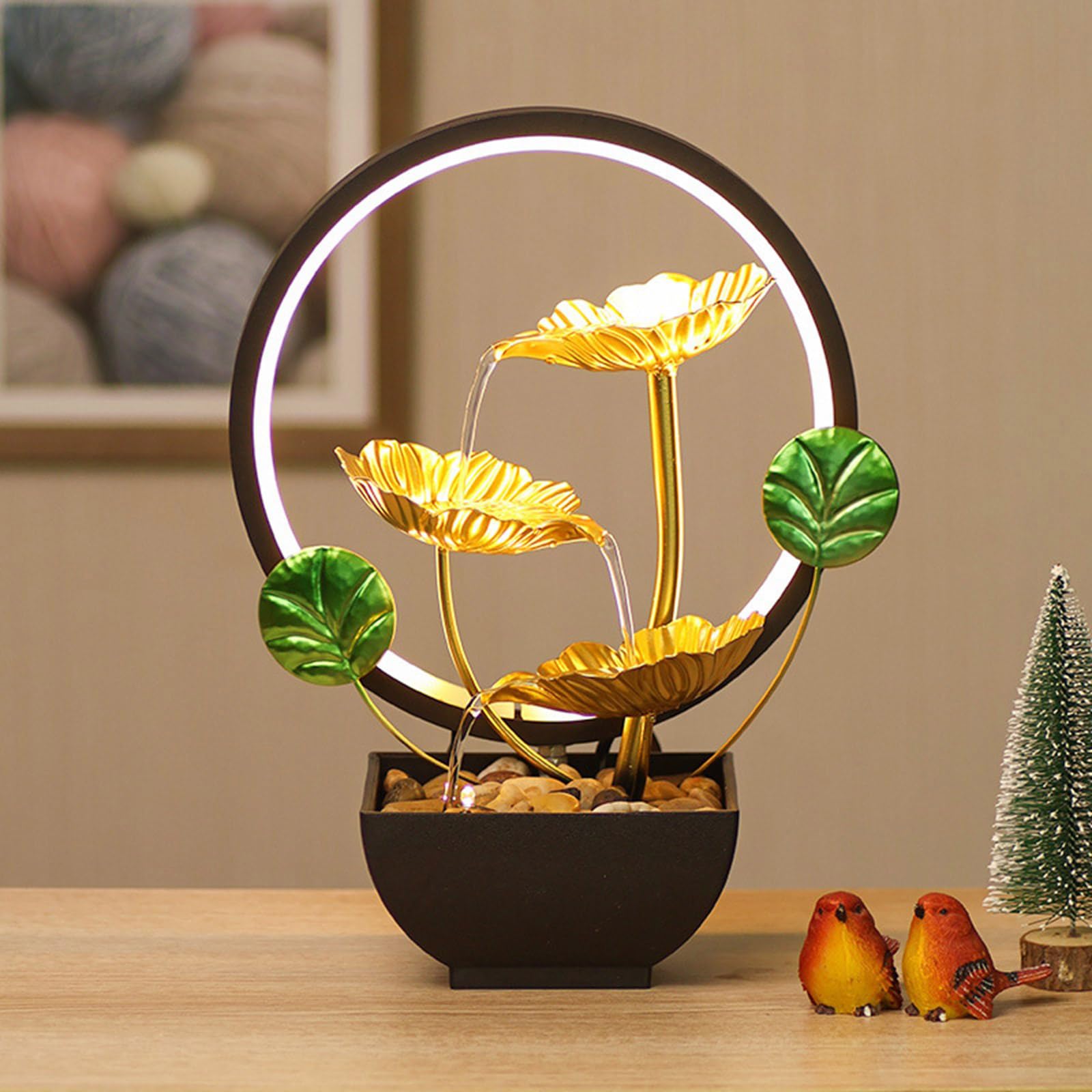 Fuente de cascada para interiores de 3 niveles con luz LED y piedras para calmar la decoración del hogar y la oficina, regalo de Año Nuevo, fuente pequeña para interiores