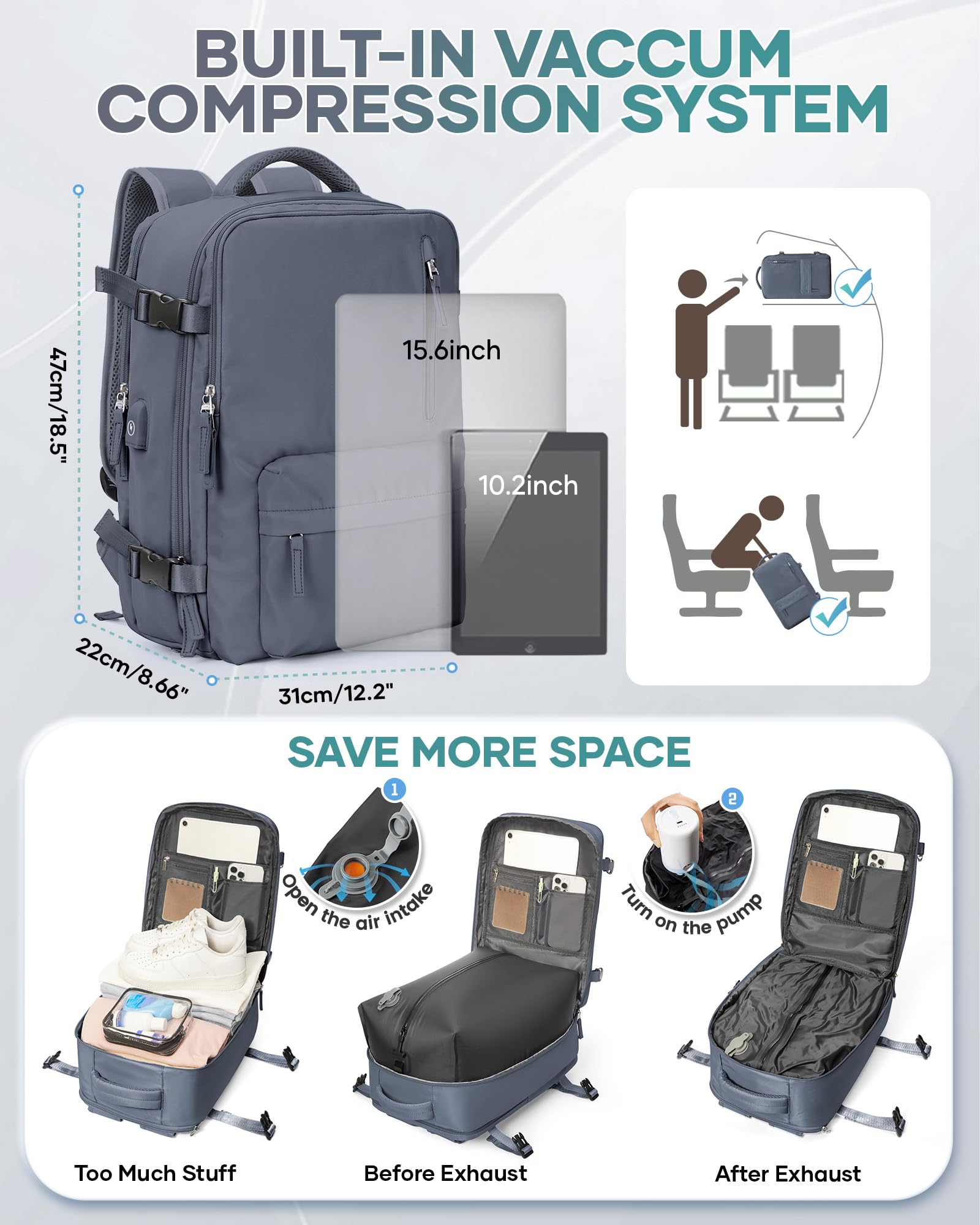 SZLX Zaino Ryanair 40x30x20 Sottovuoto Bagaglio a Mano 40x20x25 Donna Zaino da Viaggio 40x30x20 Wizzair Borse da Cabina per Easyjet 45x36x20 Uomo per Laptop 14 Pollici con Porta USB e Porta Scarpe