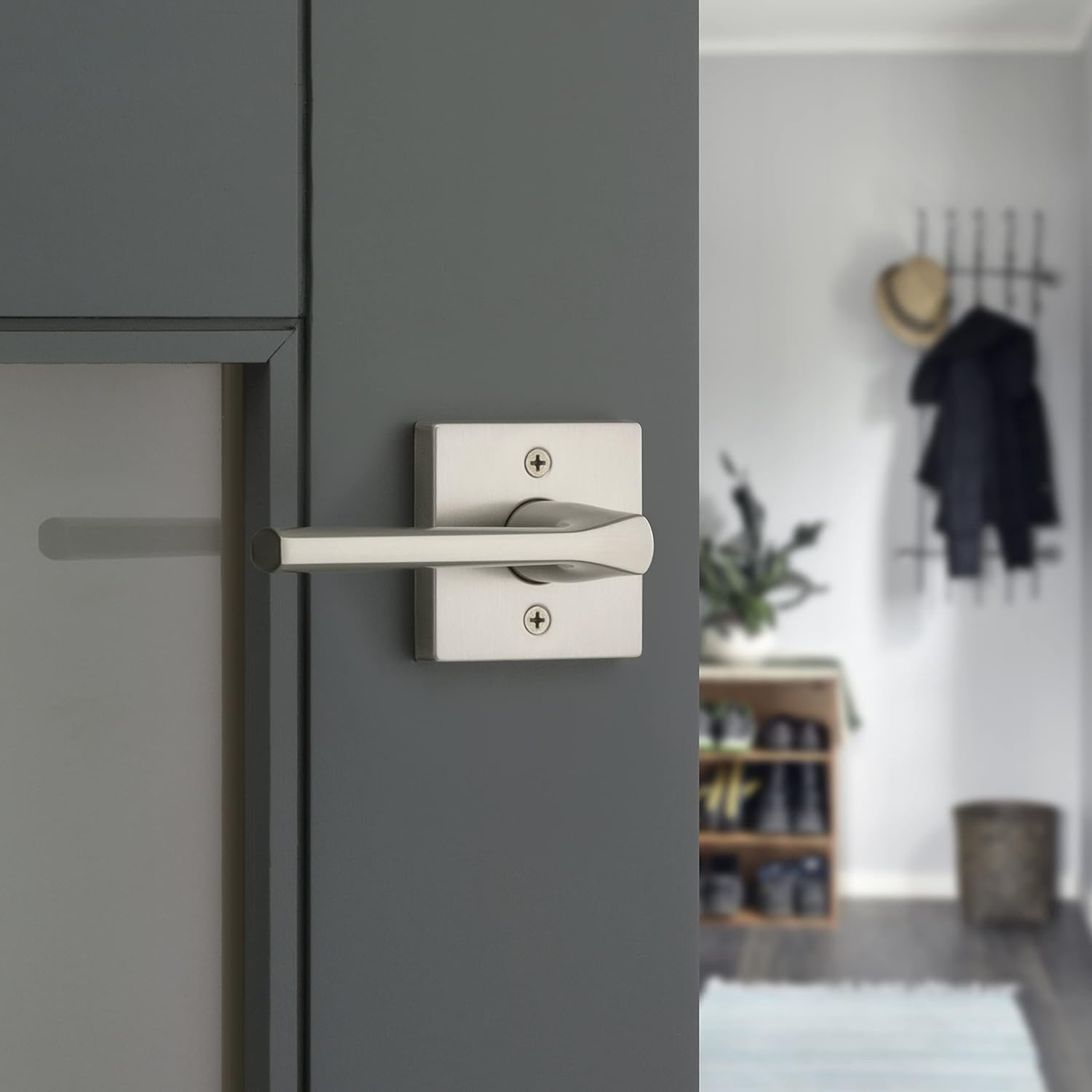 Kwikset Lisbon Dummy Door Handle, Single Sided Lever for Closets, French Double Doors, and Pantry, Satin Nickel Non-Turning Reversible Interior Push/Pull Lever