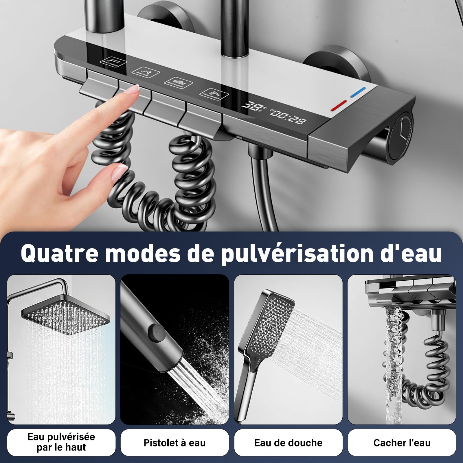 Colonne de Douche Thermostatique avec Affichage Numérique LED, Système de Douche à Effet Pluie avec Douchette à Main et Robinet en Cascade, Hauteur Réglable (Gris)