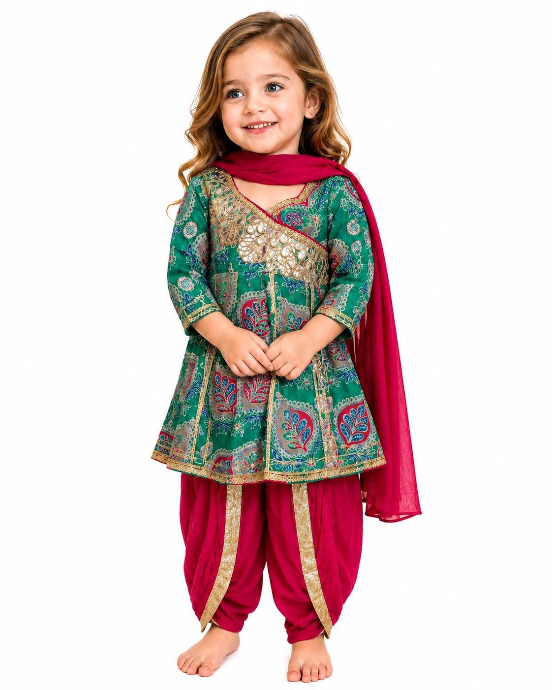 Girls Green Floral Print Pure Cotton Kurta with Pink Dhoti Pants – 3 Piece Ethnic Set for Kids 12 Months to 7 Years with Dupatta, Golden Lace Border, Diwali Navratri Wedding Party-image-33