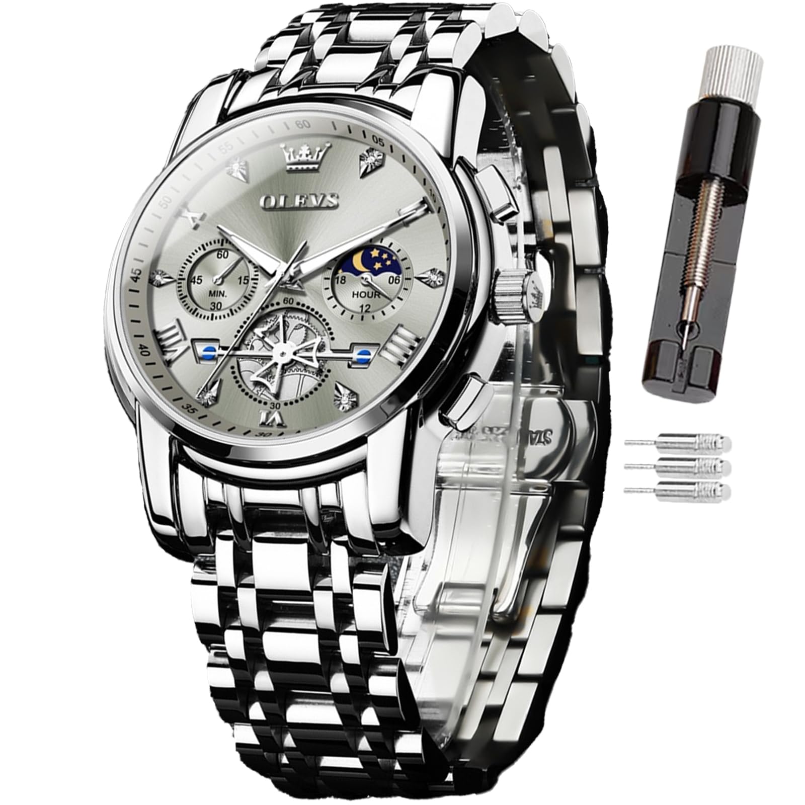 OLEVS Herren-Armbanduhr mit Zeitcode, Edelstahlarmband, Leuchtend, wasserdicht, multifunktional, Unterzifferblatt, Business-Kleid, Quarz, rund, Luxusuhren für Herren