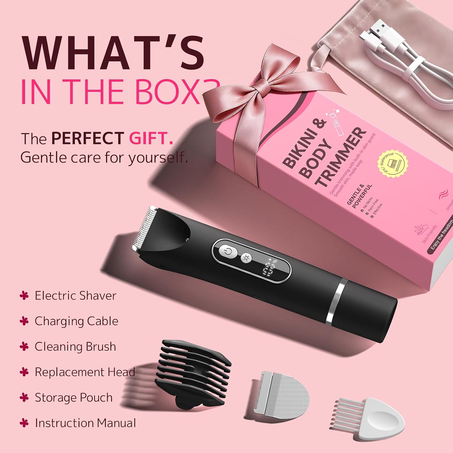 Bikini Trimmer for Women, Smooth Electric Razor for Sensitive Skin, IPX7 Waterproof Wet & Dry Cordless Body Shaver for Bikini Area, Pubic Hair, Face, Underarms & Legs (Black