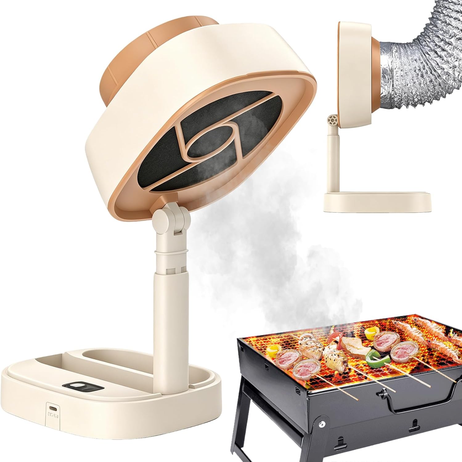 Portable Range Hood, 5-Speed Adjustable Exhaust Fan, Low Noise Foldable Desktop Range Hood, with Duct Pipe for Apartments, Dorm, RV, Indoor BBQ, Off-white