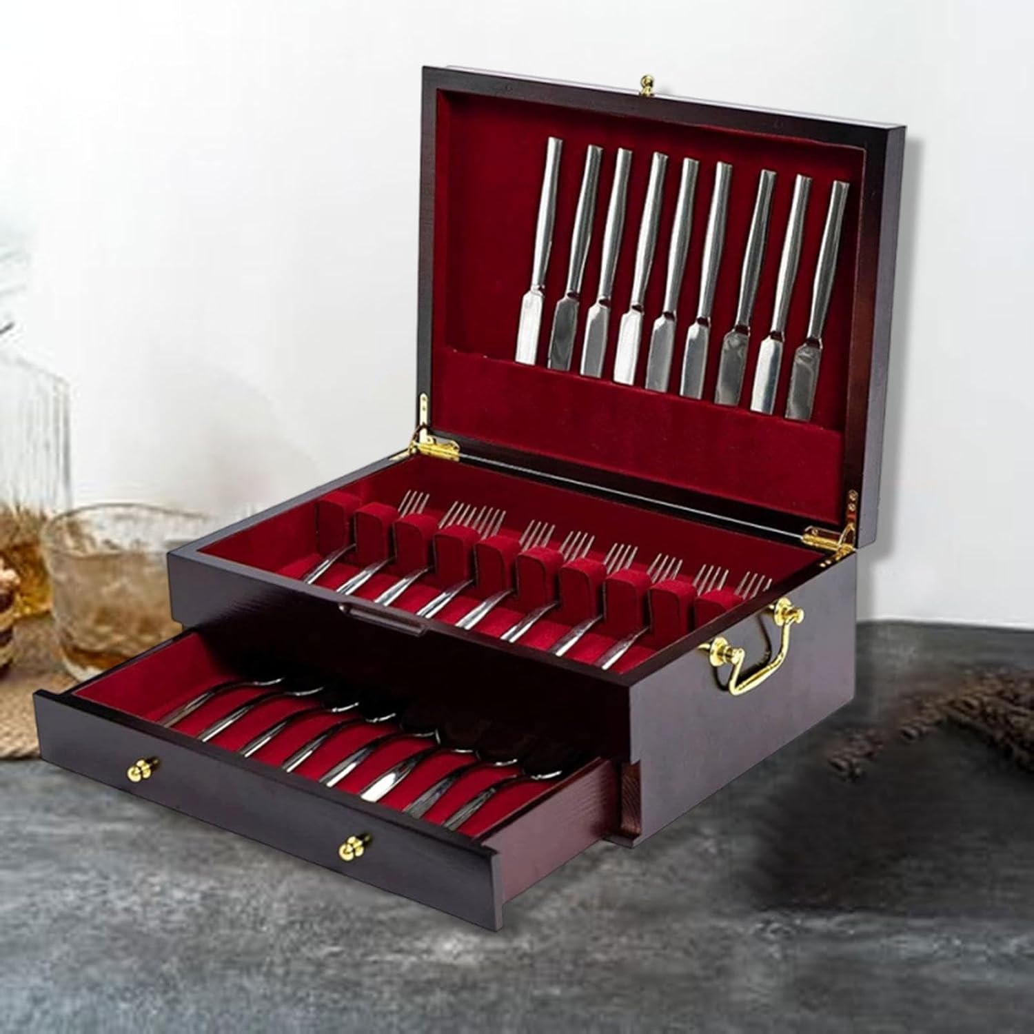 Flatware Silverware Wood Storage Box with Carrying Handle for Spoon, Fork