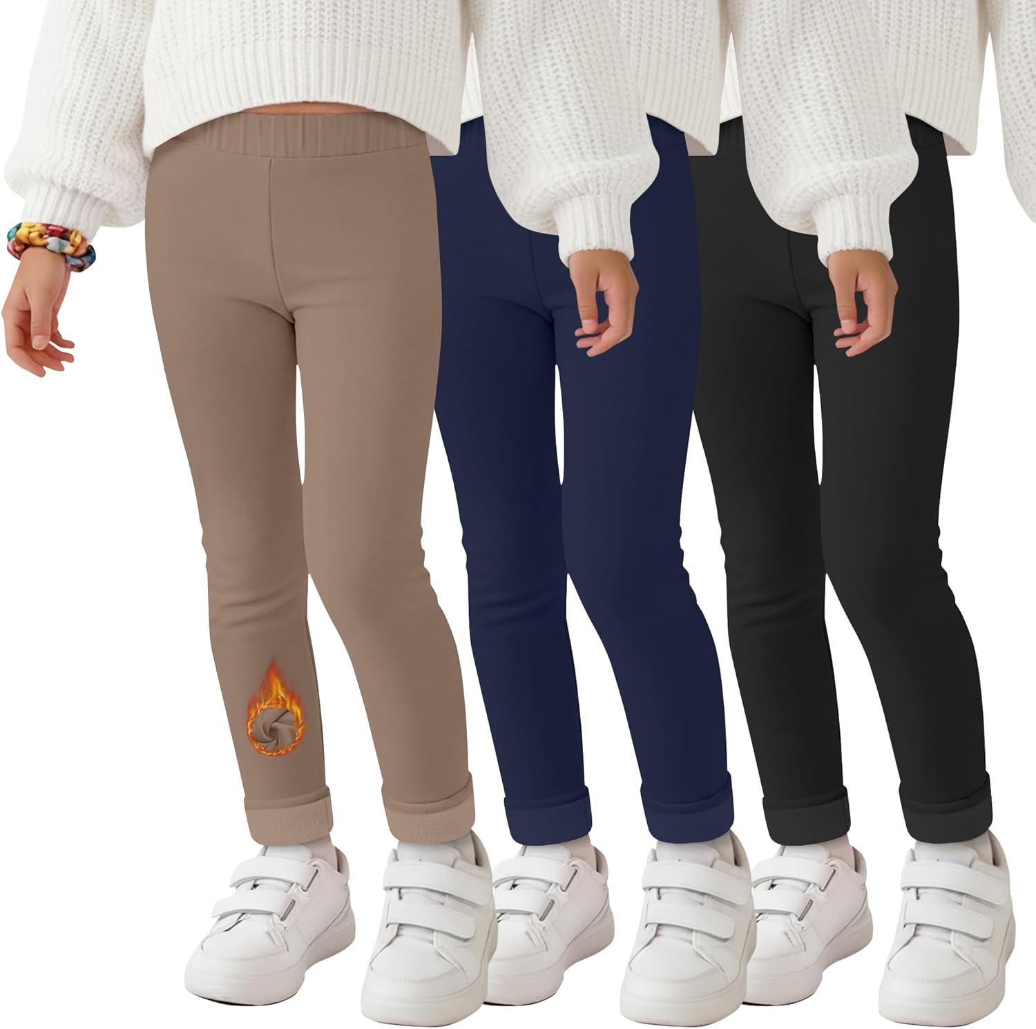 3 Pack Girls' Fleece Lined Leggings, Winter Thermal Pants Tight Stretchy Full Length Pants for Kids Aged 3-11